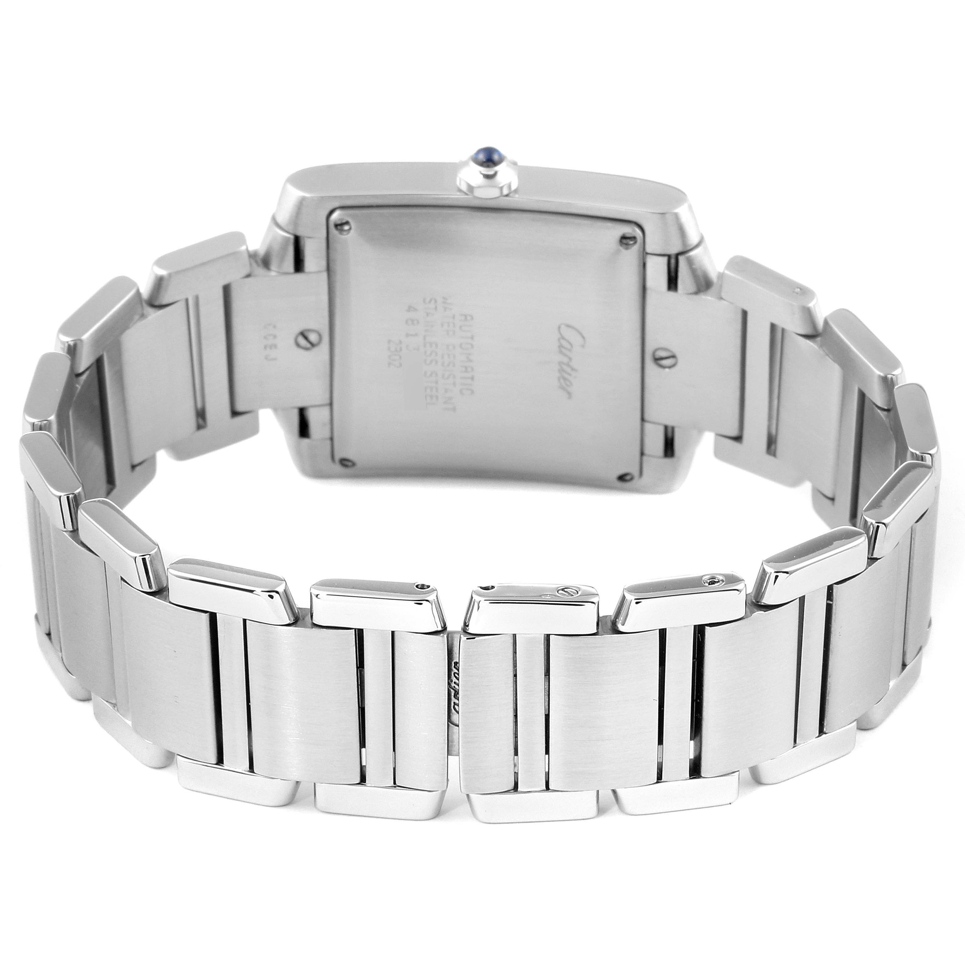 The image shows the back and bracelet of a Cartier Tank Francaise W51002Q3 Men's Stainless Steel Silver Dial W51002Q3 Men's Stainless Steel Silver Dial watch from a rear angle.