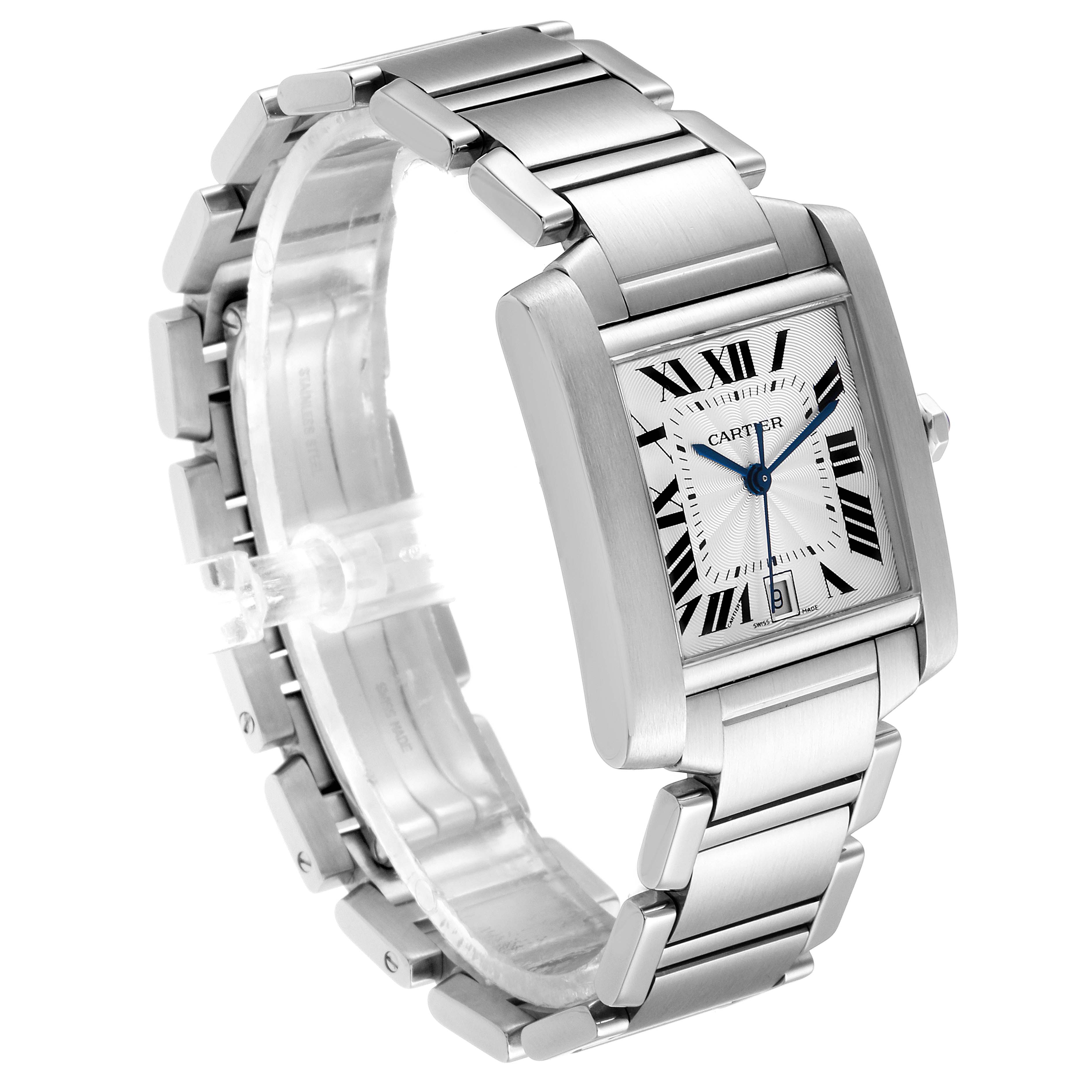 The image displays a Cartier Tank Francaise W51002Q3 Men's Stainless Steel Silver Dial W51002Q3 Men's Stainless Steel Silver Dial watch at a three-quarter angle, showcasing its rectangular face, Roman numerals, and metal bracelet.