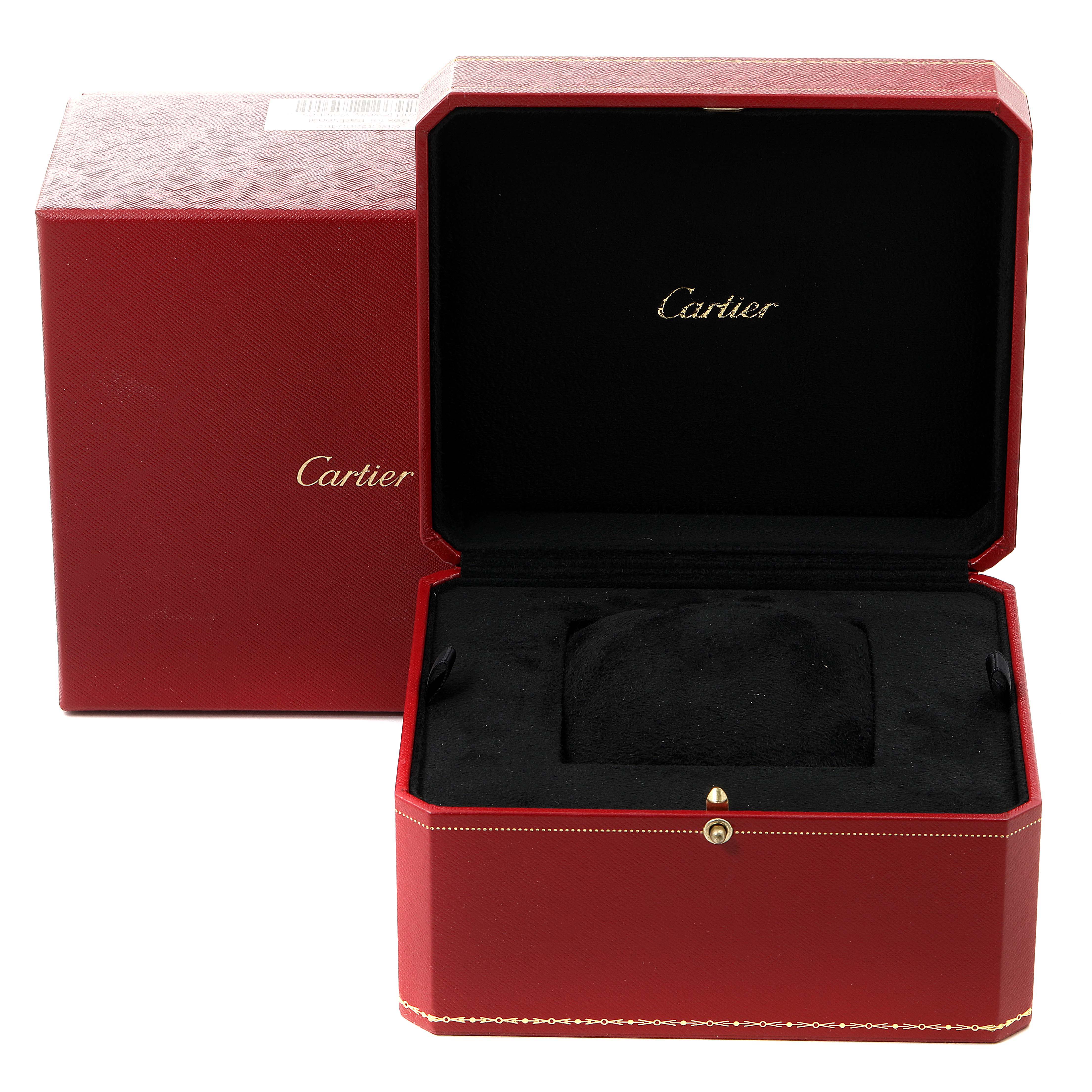 The image shows an open Cartier Tank Francaise W51002Q3 Men's Stainless Steel Silver Dial W51002Q3 Men's Stainless Steel Silver Dial watch box with a black interior and a closed red outer box.