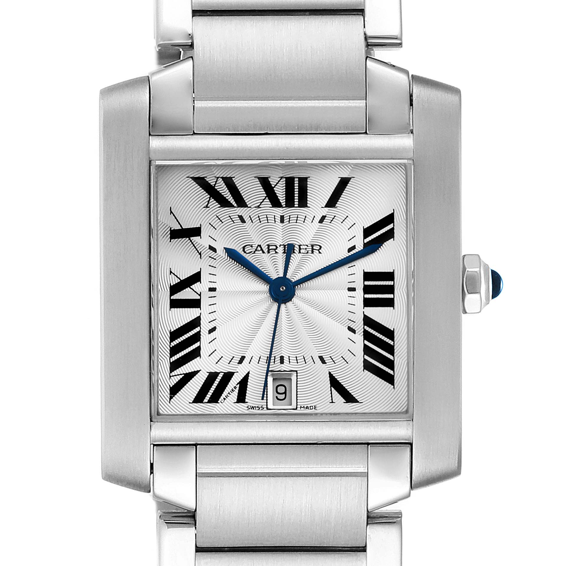 The Cartier Tank Francaise W51002Q3 Men's Stainless Steel Silver Dial W51002Q3 Men's Stainless Steel Silver Dial watch is shown from a front angle, highlighting the dial, hands, crown, and part of the bracelet.