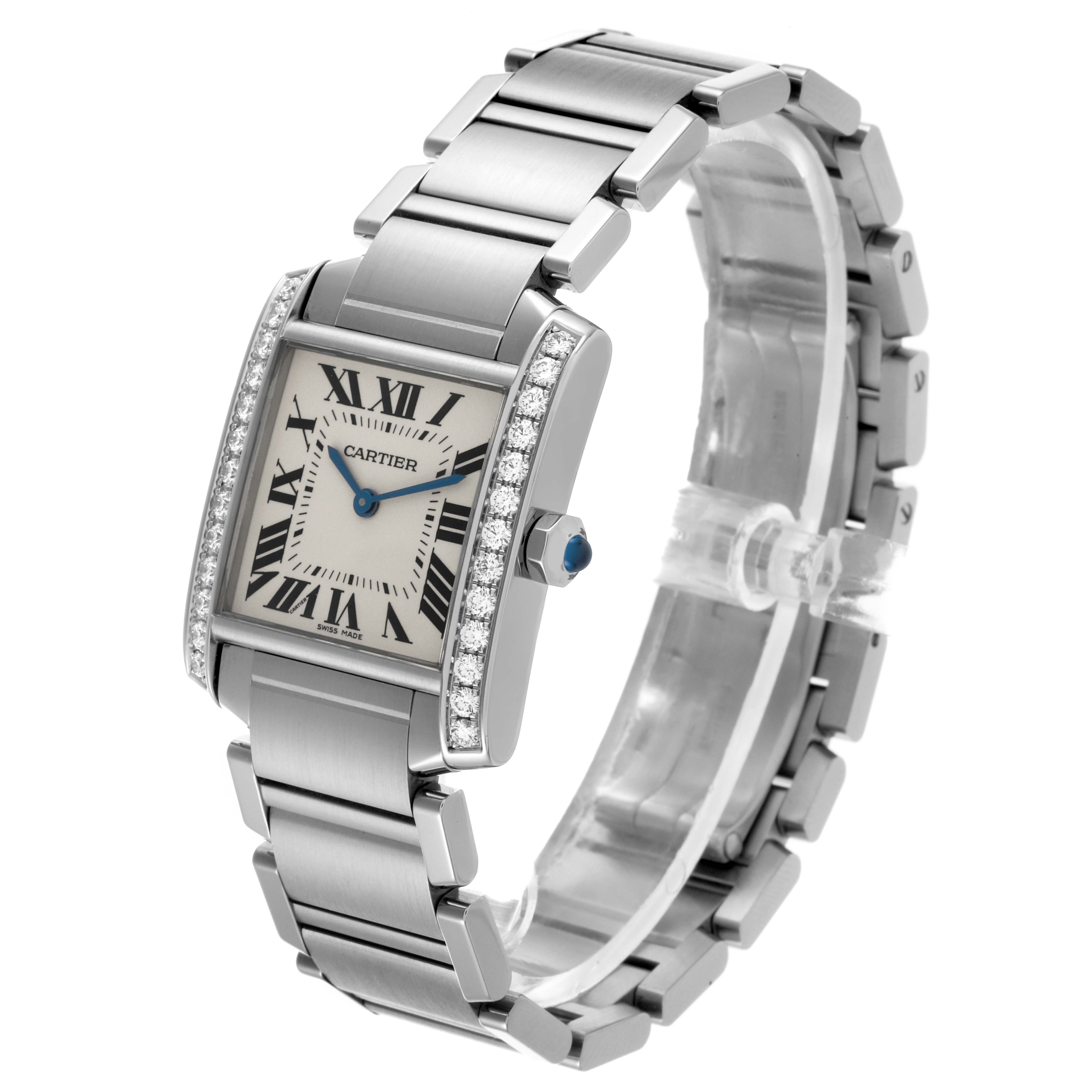 The Cartier Tank Française watch is shown in a three-quarter angle, highlighting the face, bracelet, and side details.