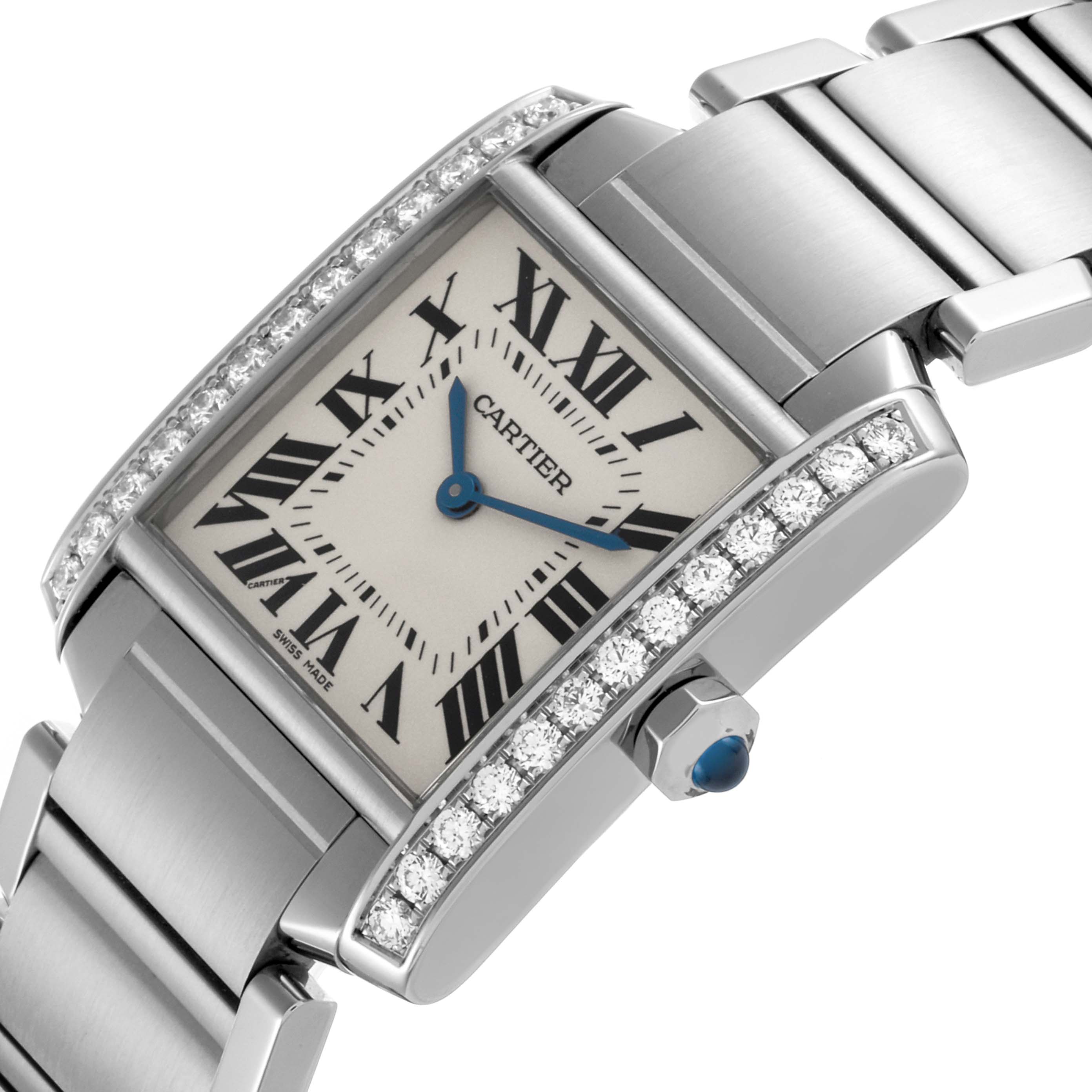 The Cartier Tank Francaise W4TA0009 Women's Stainless Steel Silver Dial W4TA0009 Women's Stainless Steel Silver Dial watch is shown from a top angle, highlighting its face, bracelet, and diamond-set bezel.