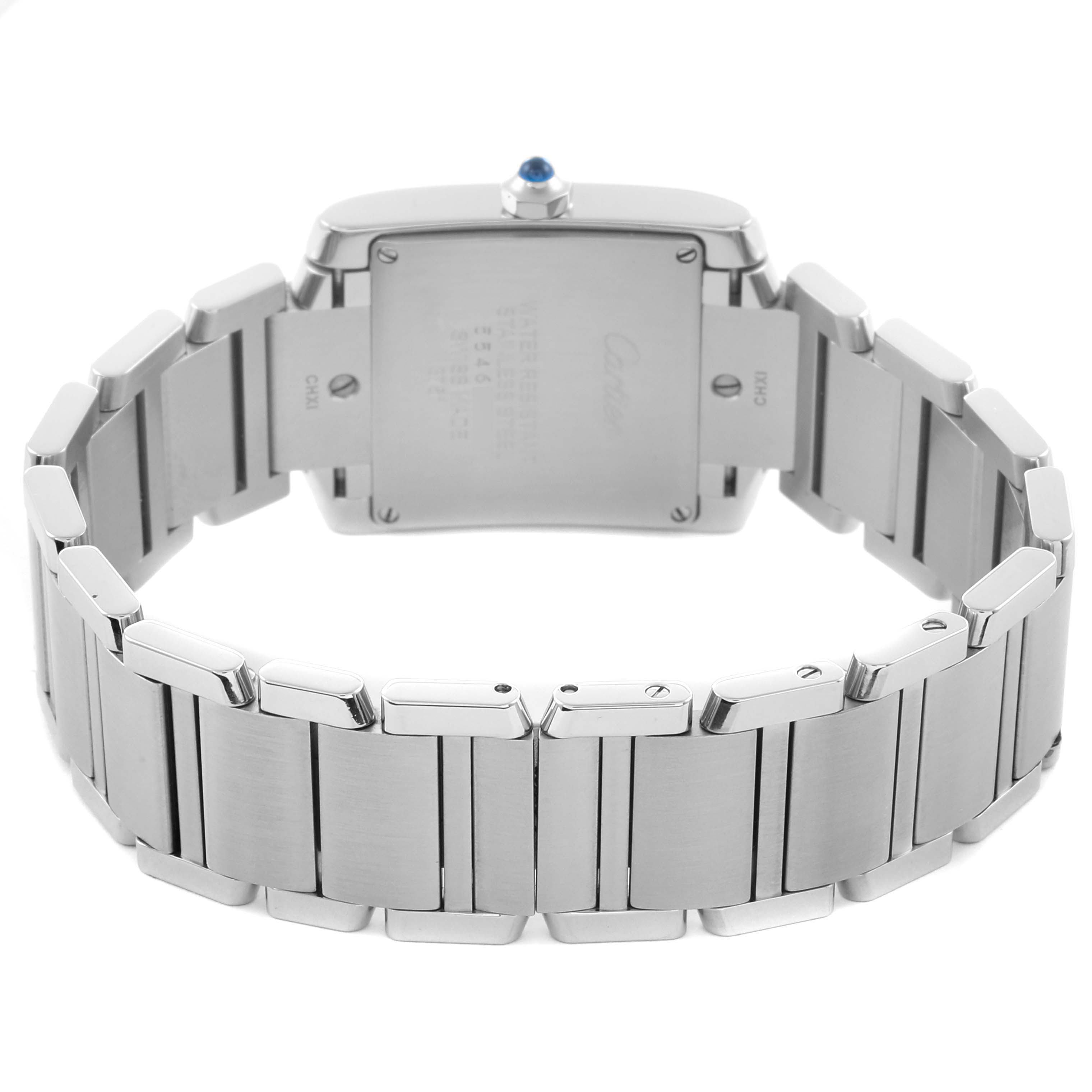 The Cartier Tank Francaise W4TA0009 Women's Stainless Steel Silver Dial W4TA0009 Women's Stainless Steel Silver Dial watch is shown from the back, highlighting its clasp and bracelet.