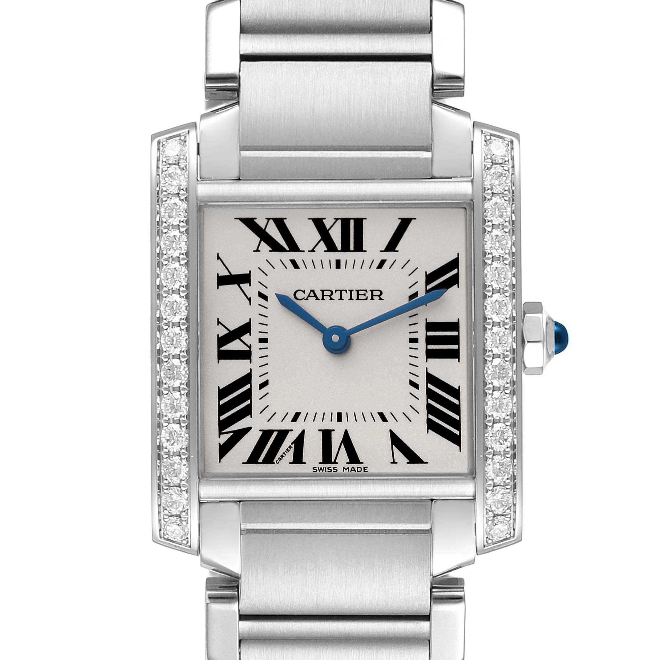 The Cartier Tank Française watch is shown from the front, highlighting its square face, Roman numerals, and metal bracelet.