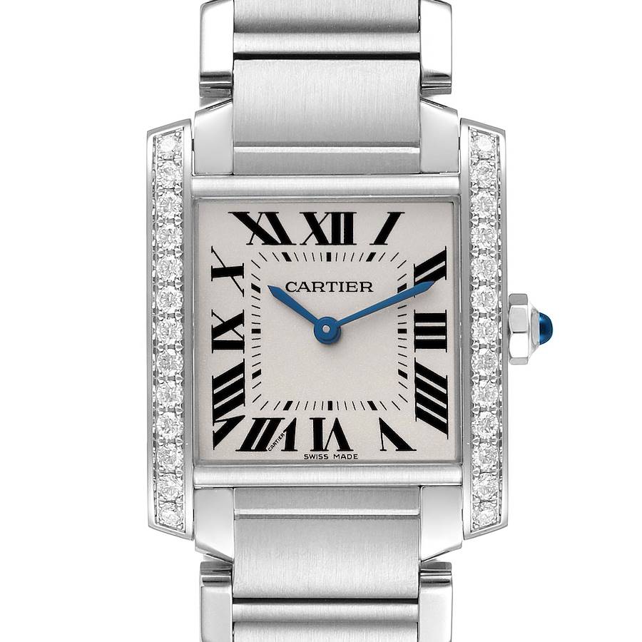 The Cartier Tank Française watch is shown from the front, highlighting its square face, Roman numerals, and metal bracelet.