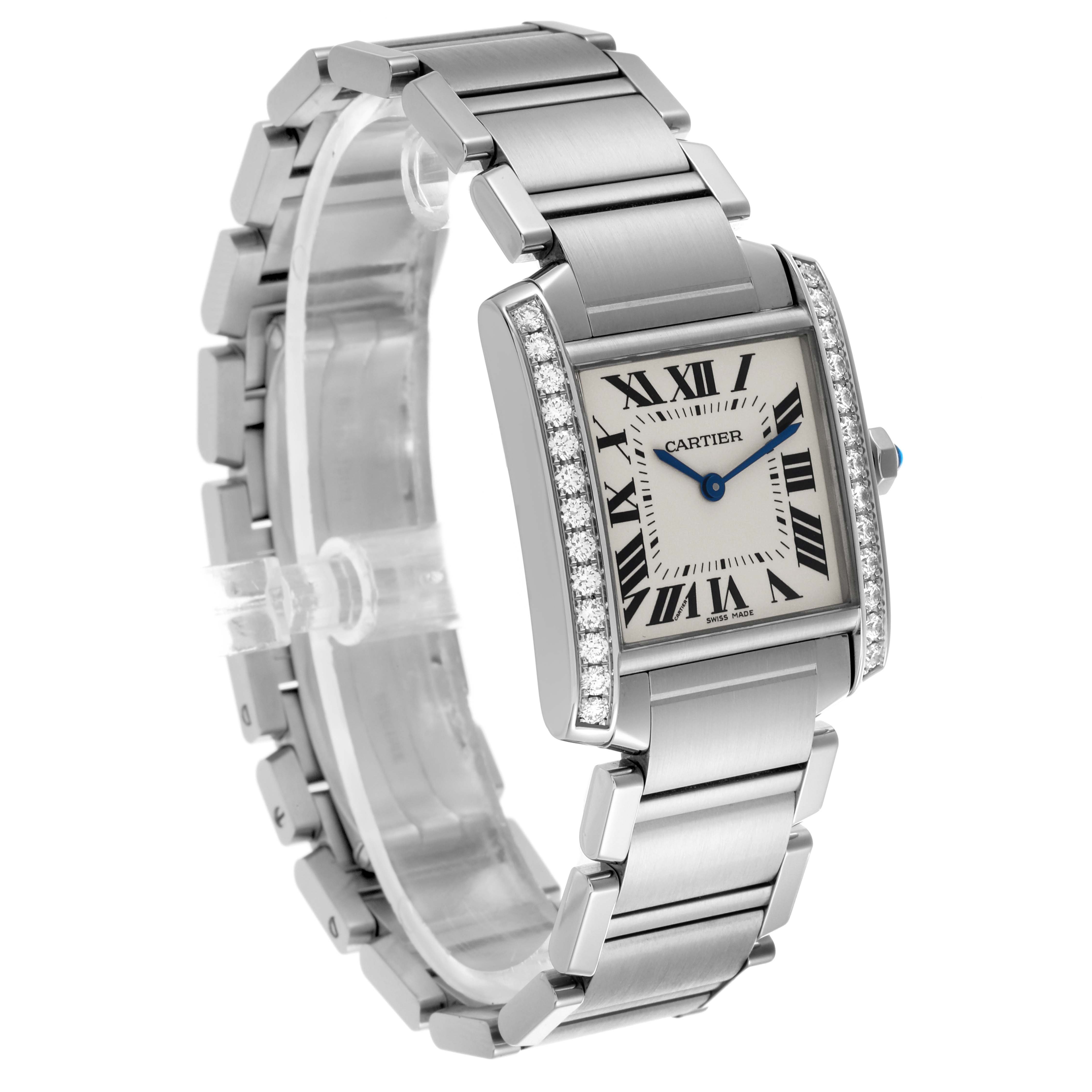 The Cartier Tank Francaise W4TA0009 Women's Stainless Steel Silver Dial W4TA0009 Women's Stainless Steel Silver Dial watch is shown from an angled side view, displaying the bracelet and diamond-set case.