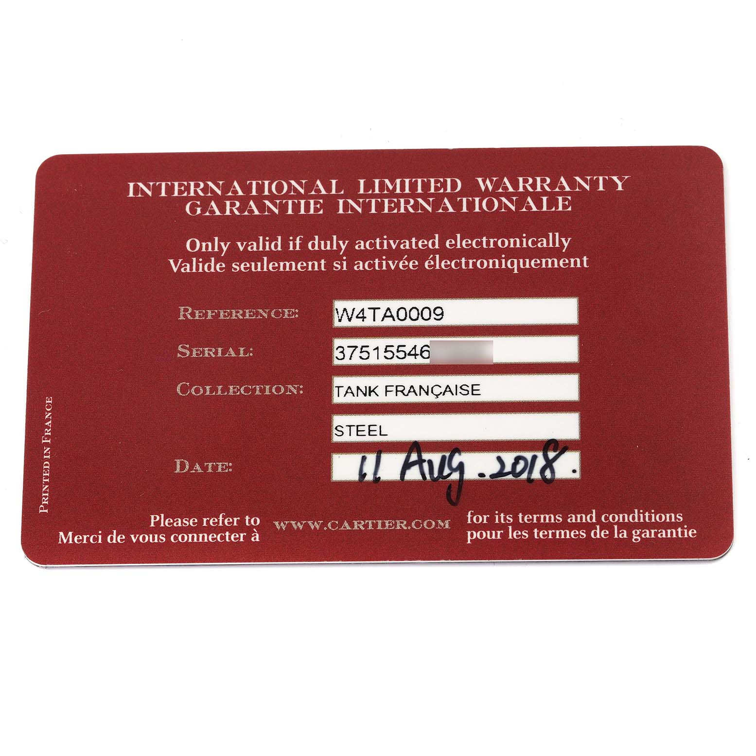 The image shows the international limited warranty card for a Cartier Tank Française watch.