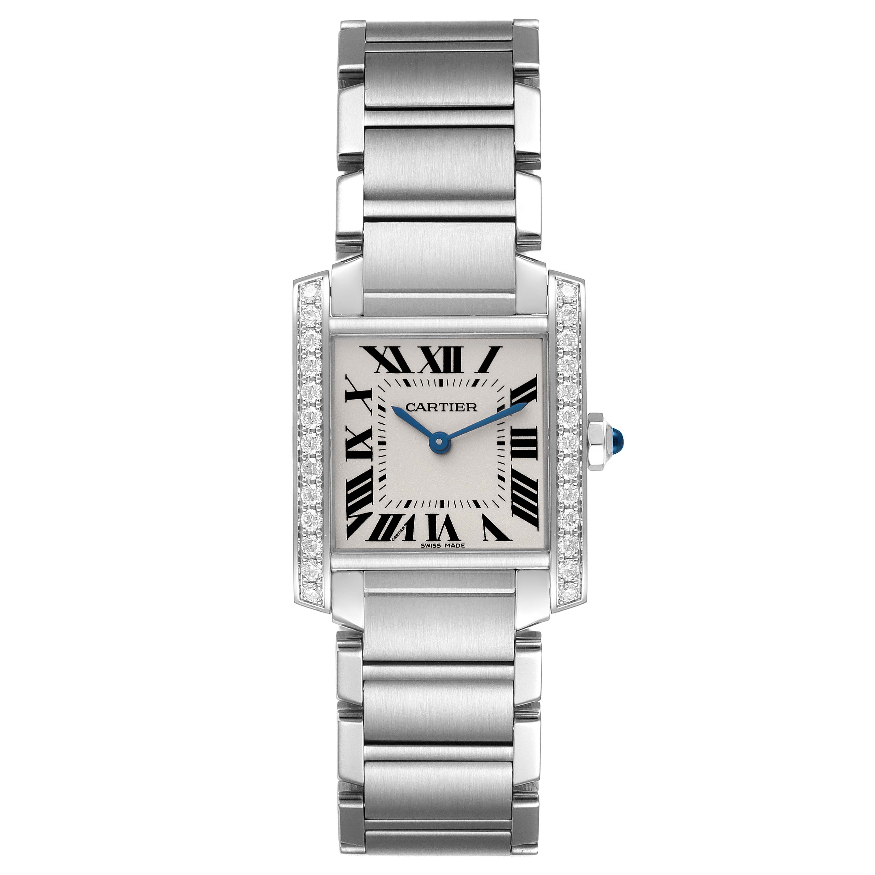 The Cartier Tank Française watch is shown from the front, displaying the face, hands, and full bracelet.