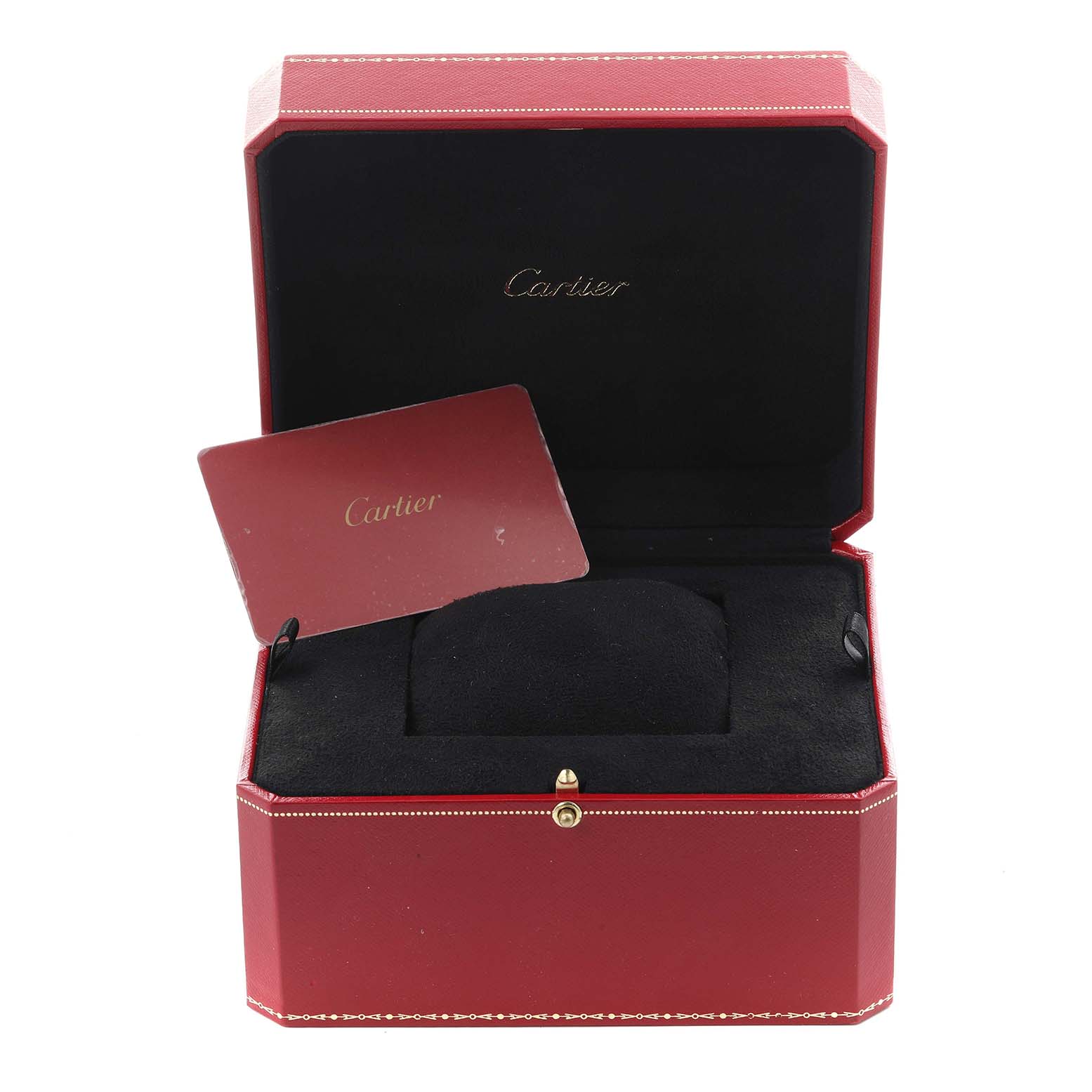 The image shows the red Cartier box for the Tank Francaise model, open with an included card inside.
