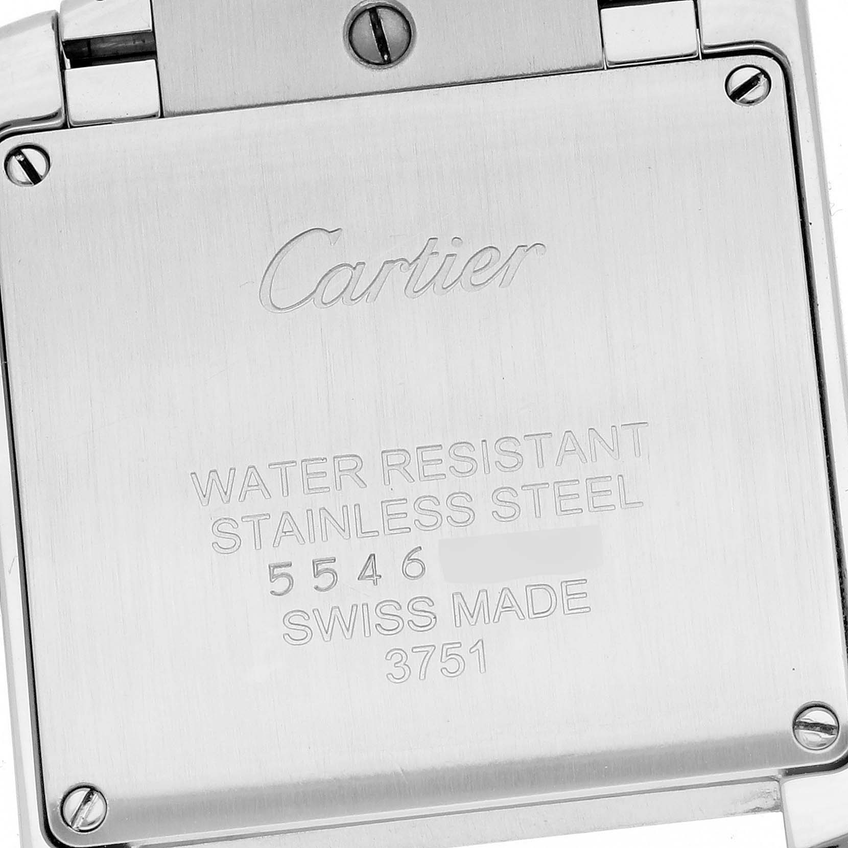 The image shows the back case of a Cartier Tank Francaise W4TA0009 Women's Stainless Steel Silver Dial W4TA0009 Women's Stainless Steel Silver Dial watch, displaying brand and model details.