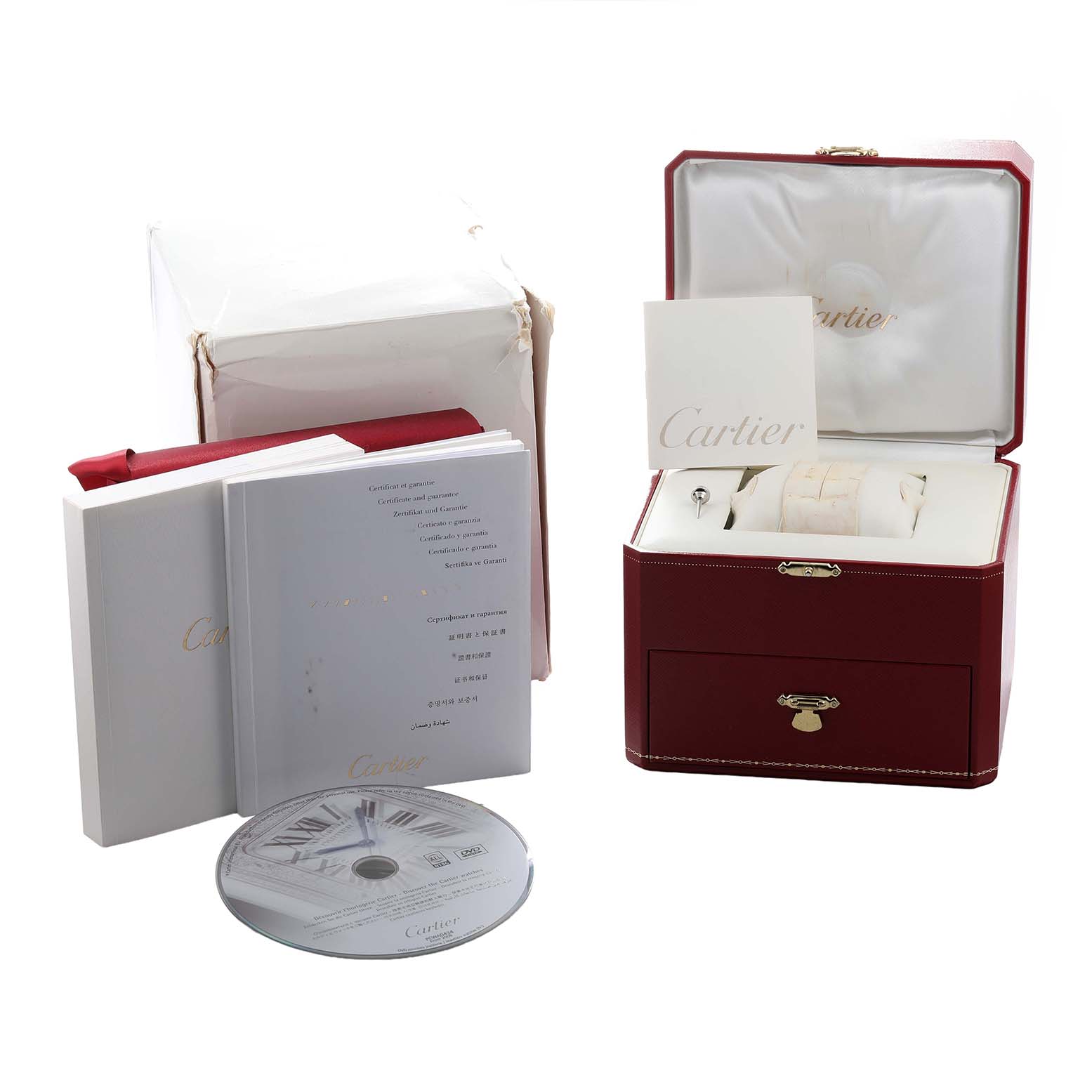 The image shows a Cartier Tank Francaise W50003N2 Women's Yellow Gold Silver Dial watch box set with a red case, certificate, and a CD, with no watch visible.