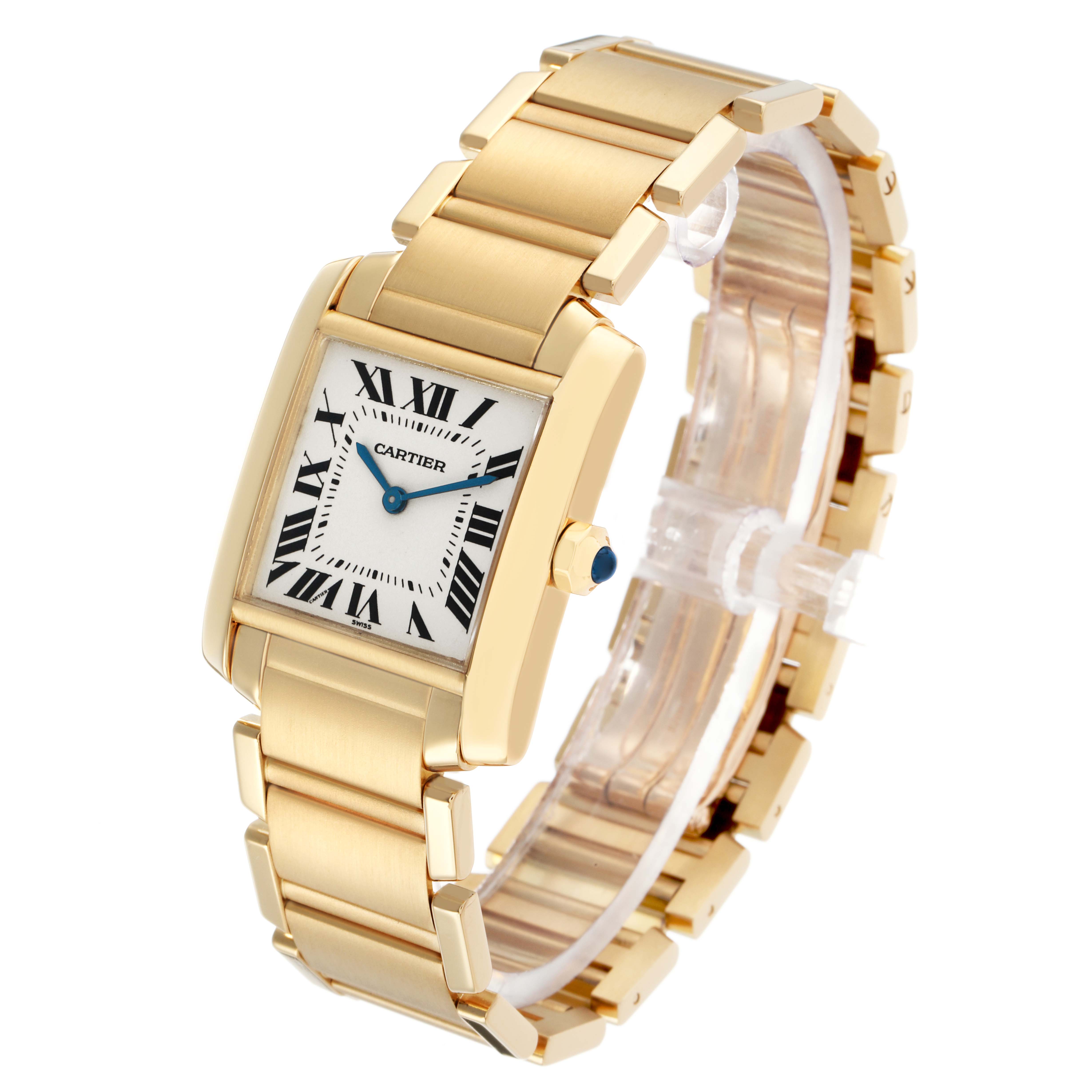 The Cartier Tank Française watch is shown at an angled side view, highlighting the gold bracelet and rectangular face.