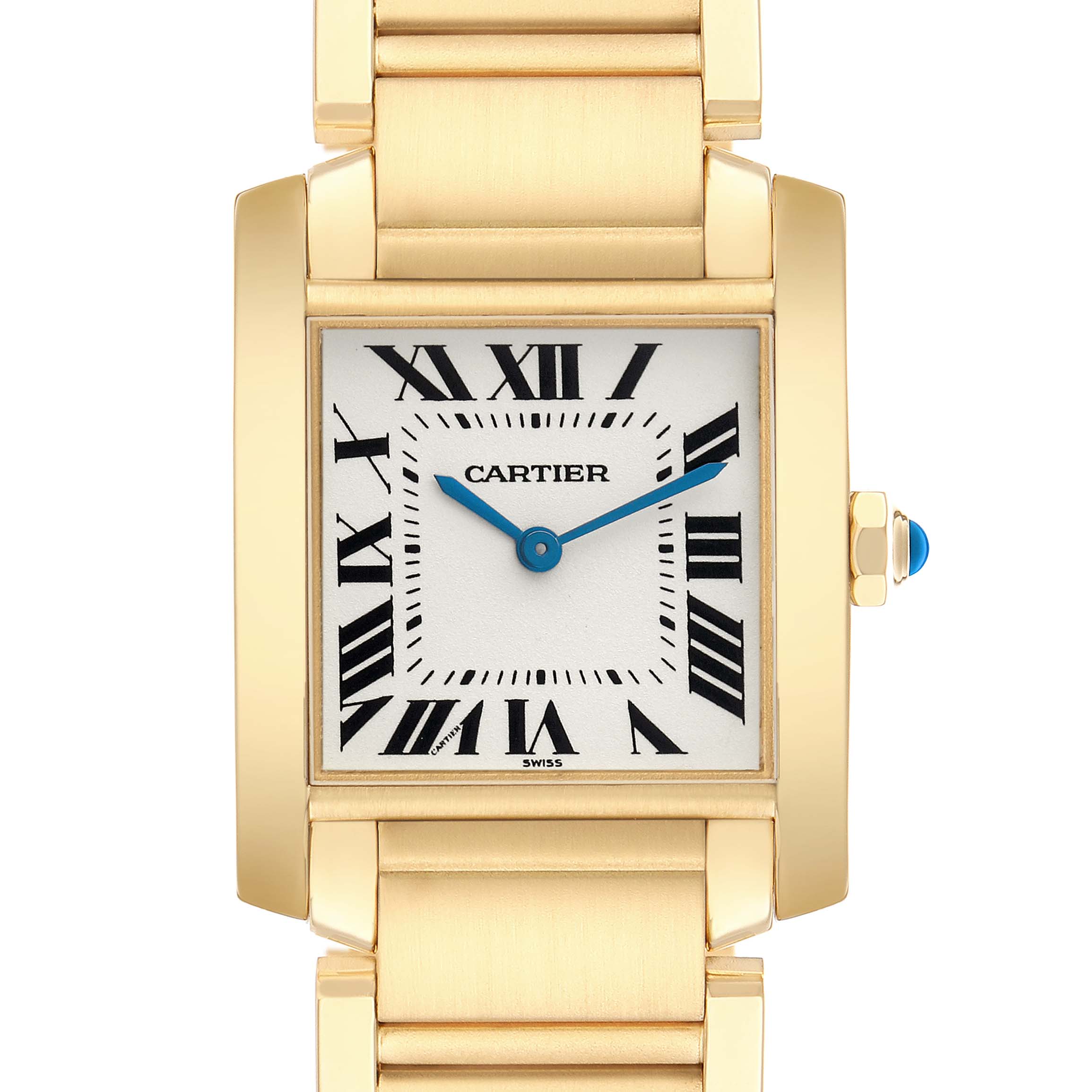 The Cartier Tank Francaise W50003N2 Women's Yellow Gold Silver Dial watch is shown from the front, highlighting its rectangular face, Roman numerals, and gold bracelet.