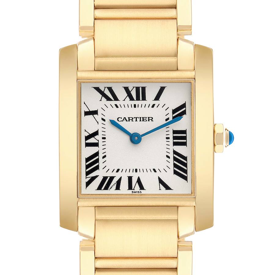The Cartier Tank Francaise W50003N2 Women's Yellow Gold Silver Dial watch is shown from the front, highlighting its rectangular face, Roman numerals, and gold bracelet.