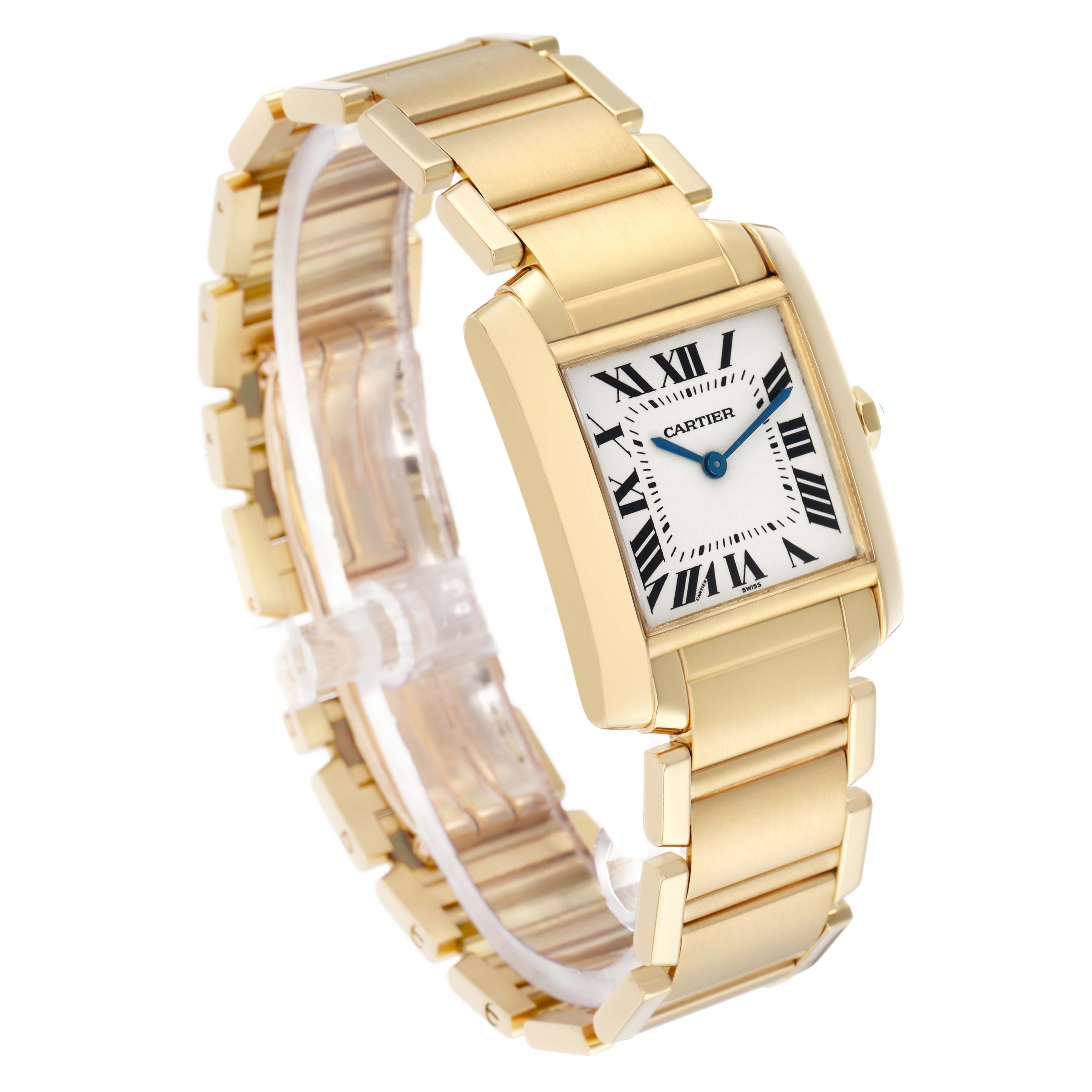 The Cartier Tank Française watch is shown at an angled top view, highlighting the face, bracelet, and side crown.