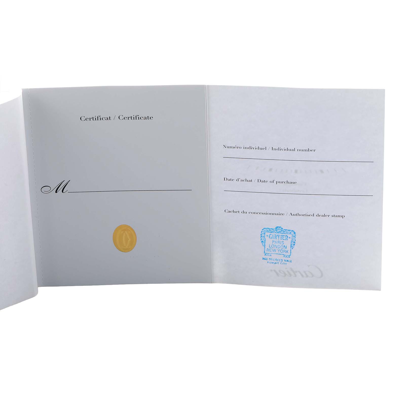 The image shows the warranty and certificate booklet for a Cartier Tank Française watch, including spaces for individual number and purchase date.