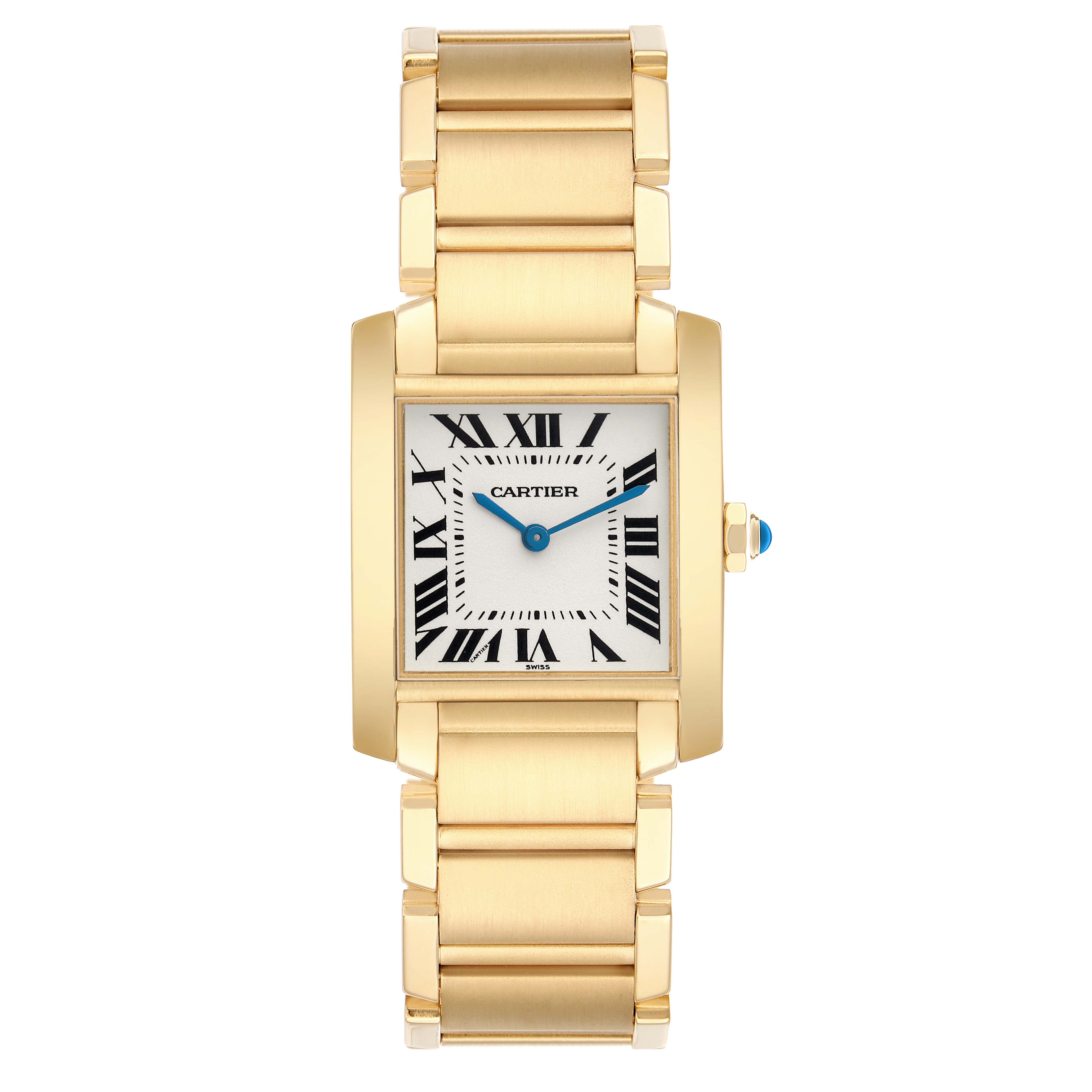 The image shows a frontal view of a Cartier Tank Francaise W50003N2 Women's Yellow Gold Silver Dial watch, featuring a gold bracelet and Roman numeral dial.