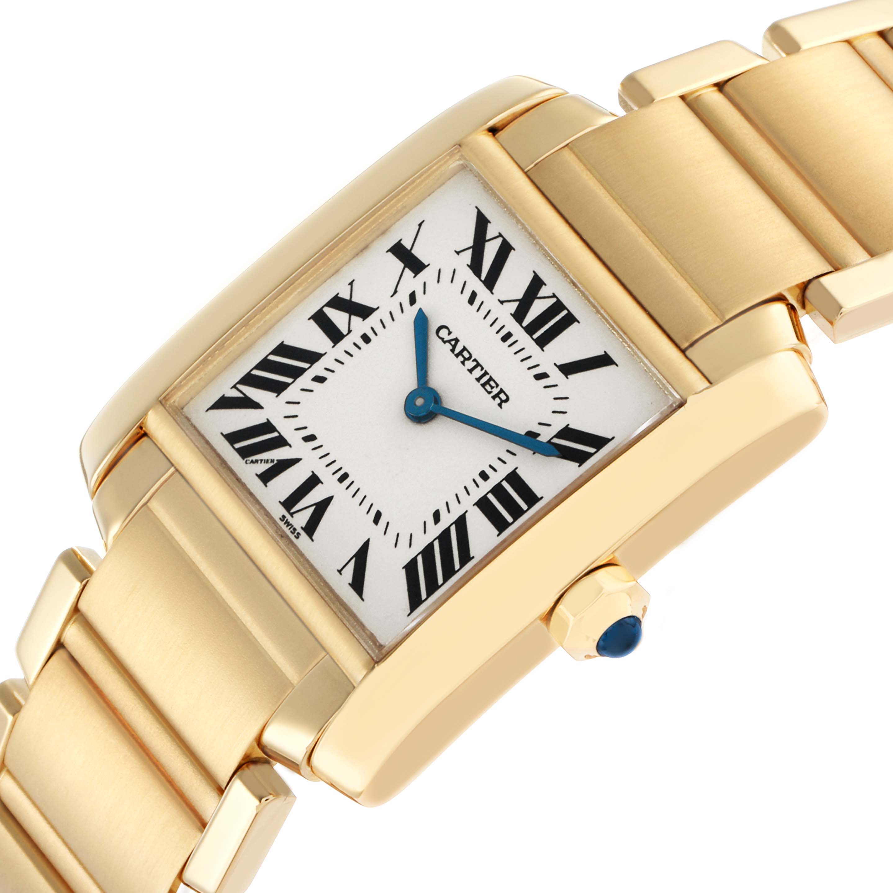 The Cartier Tank Francaise W50003N2 Women's Yellow Gold Silver Dial watch is shown from an angled view, highlighting its rectangular face, Roman numerals, and gold bracelet.