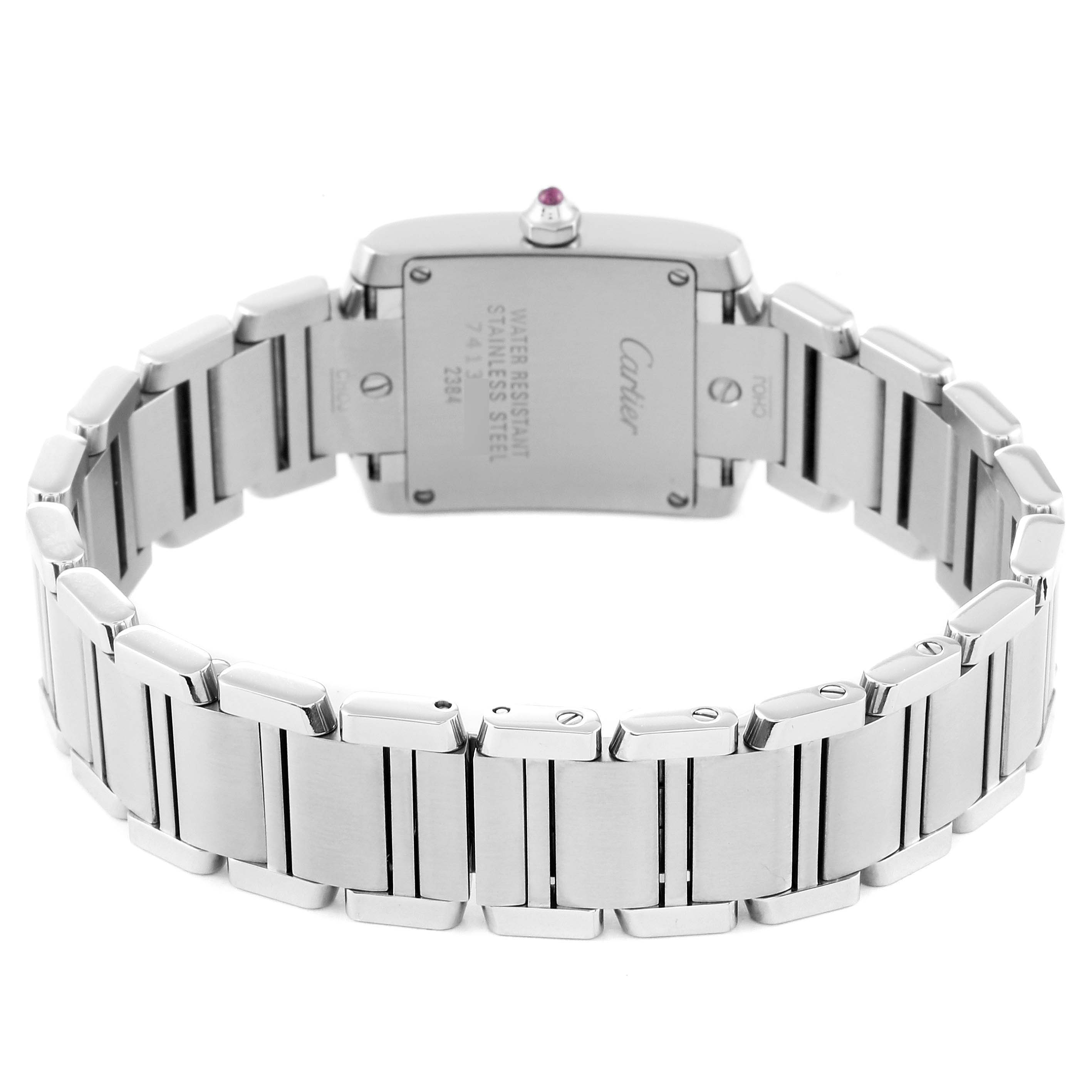 This image shows the back view of the Cartier Tank Française watch, highlighting its stainless steel bracelet and caseback.
