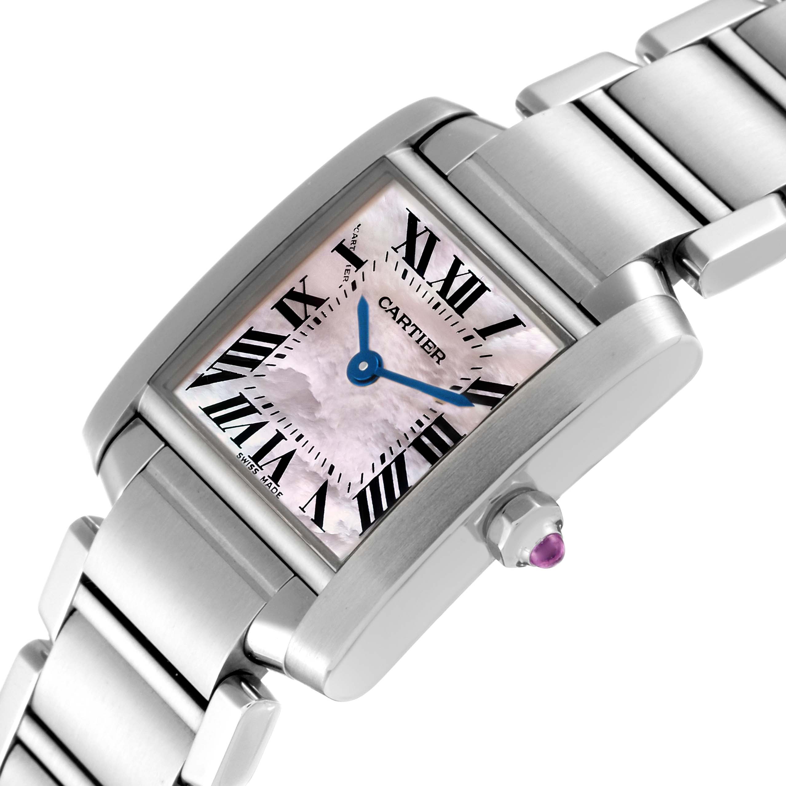 The image shows a close-up angled view of a Cartier Tank Francaise W51028Q3 Women's Stainless Steel Mother of Pearl Dial W51028Q3 Women's Stainless Steel Mother of Pearl Dial watch, highlighting its face, Roman numerals, hands, and part of the bracelet.