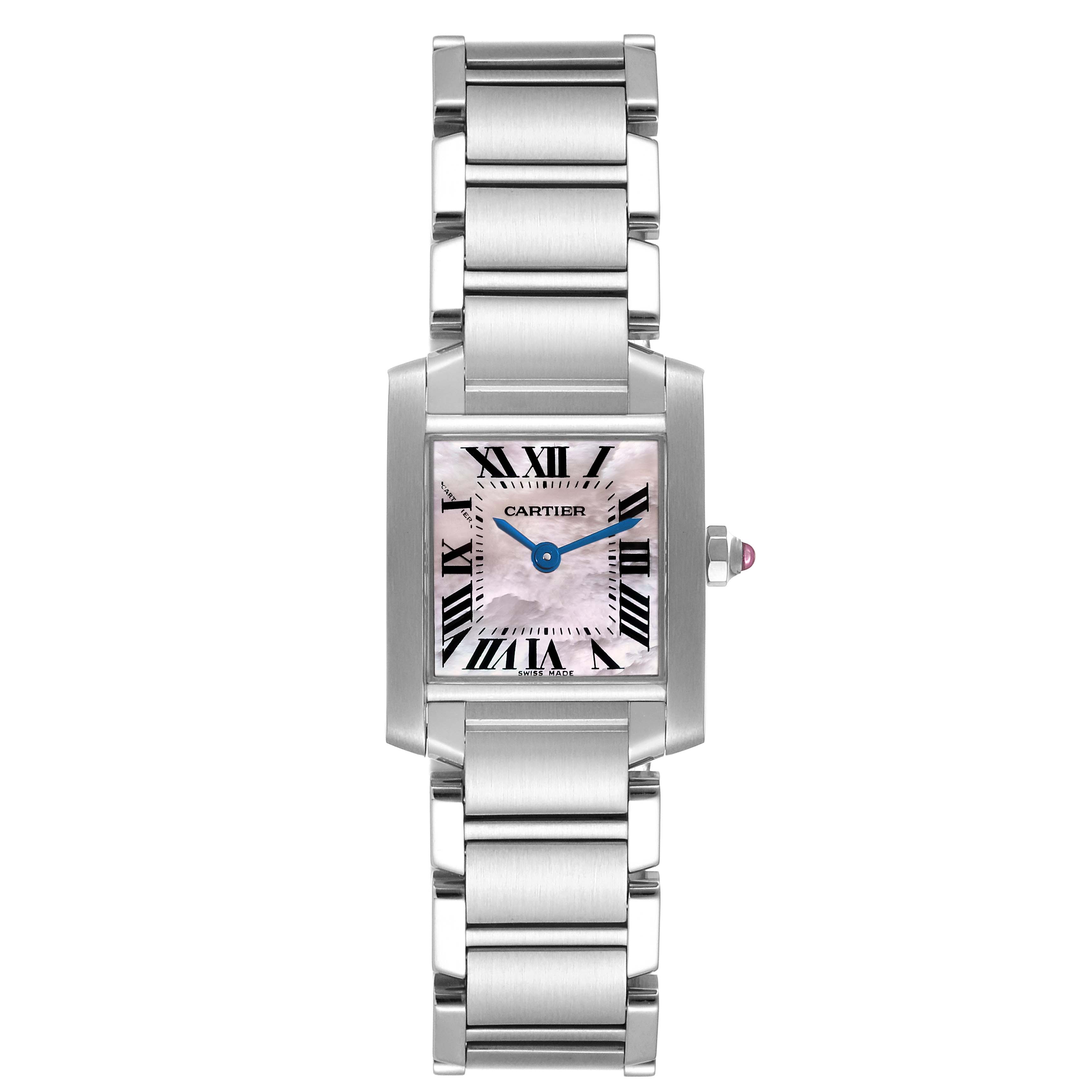 The image shows a front view of a Cartier Tank Francaise W51028Q3 Women's Stainless Steel Mother of Pearl Dial W51028Q3 Women's Stainless Steel Mother of Pearl Dial watch with a metal bracelet and pink dial.
