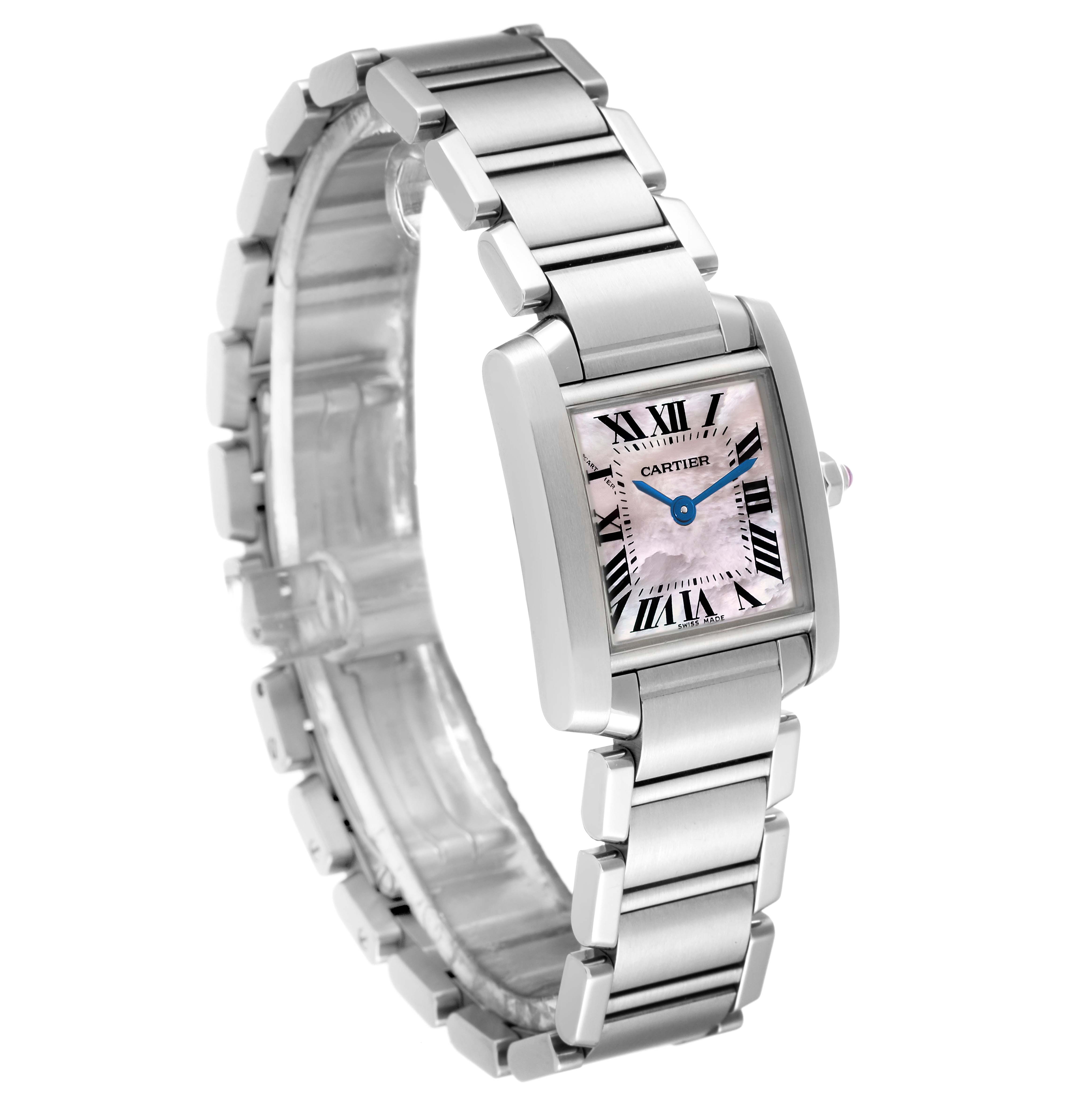 The image shows a Cartier Tank Francaise W51028Q3 Women's Stainless Steel Mother of Pearl Dial W51028Q3 Women's Stainless Steel Mother of Pearl Dial watch from a three-quarter angle, highlighting its rectangular face and metal bracelet.