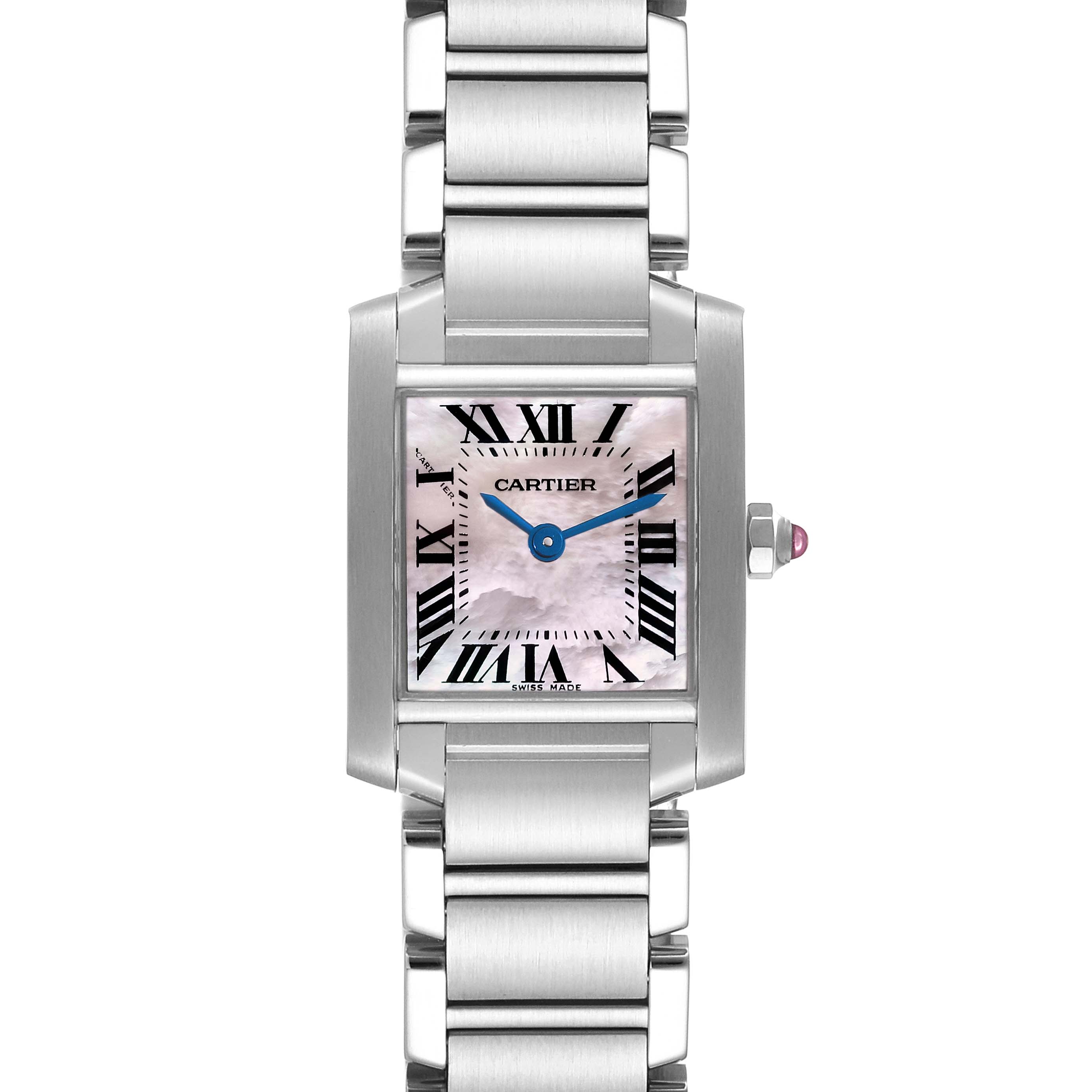 This image shows a frontal view of the Cartier Tank Française watch, highlighting its rectangular case, bracelet, and dial with Roman numerals.