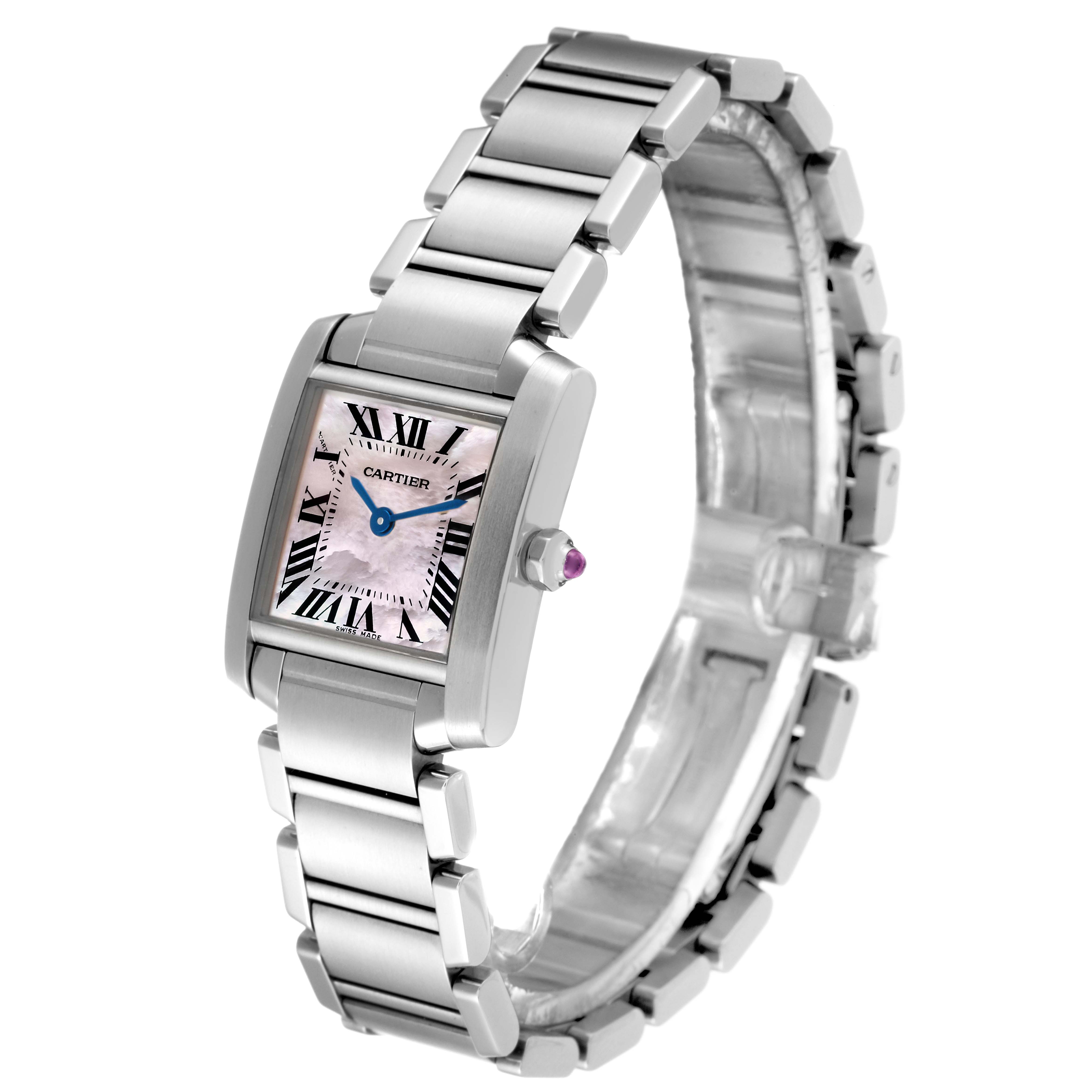 This image shows a side-angle view of a Cartier Tank Française watch, highlighting its silver bracelet and rectangular face.