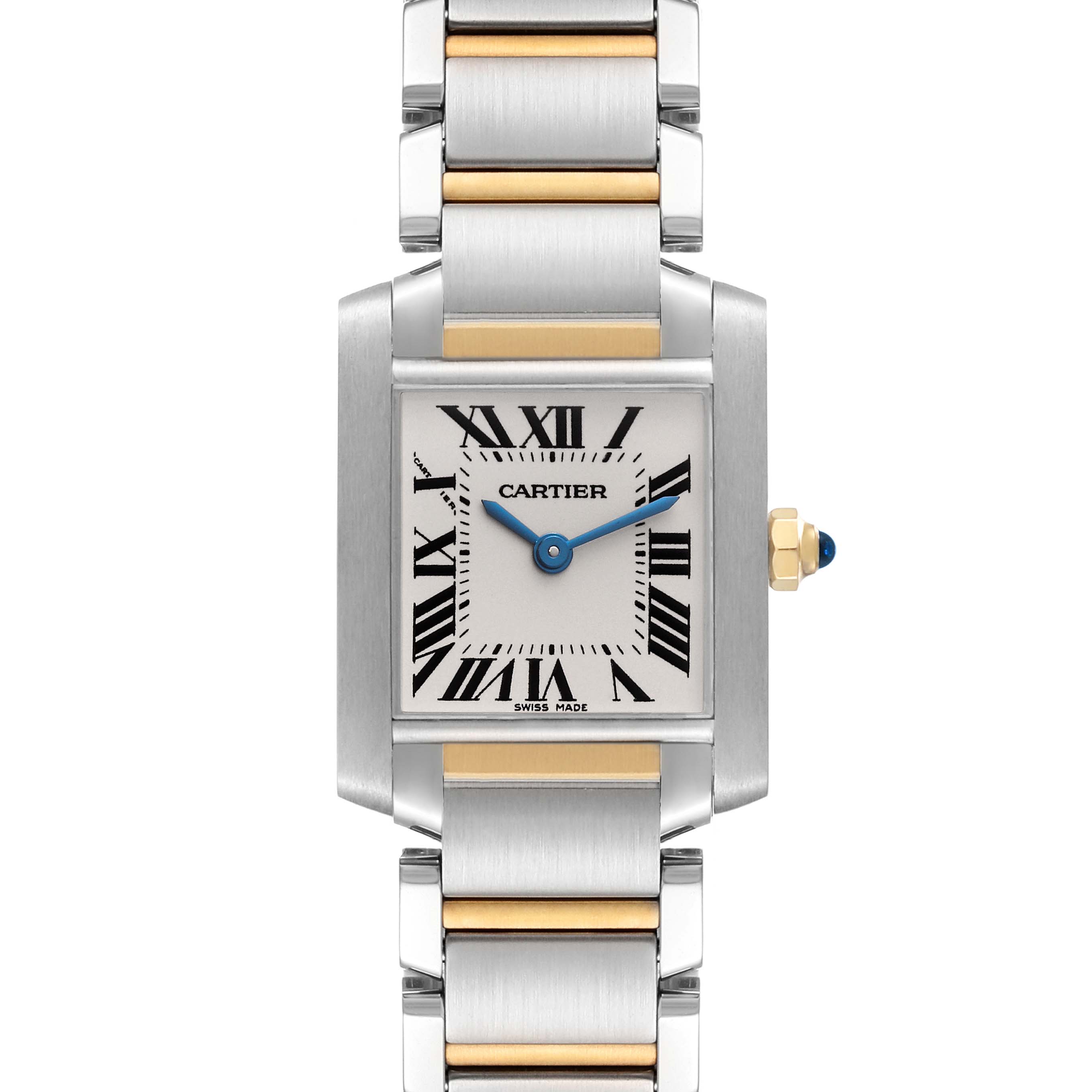 The image shows a front view of a Cartier Tank Française watch displaying the dial, bezel, and part of the strap.
