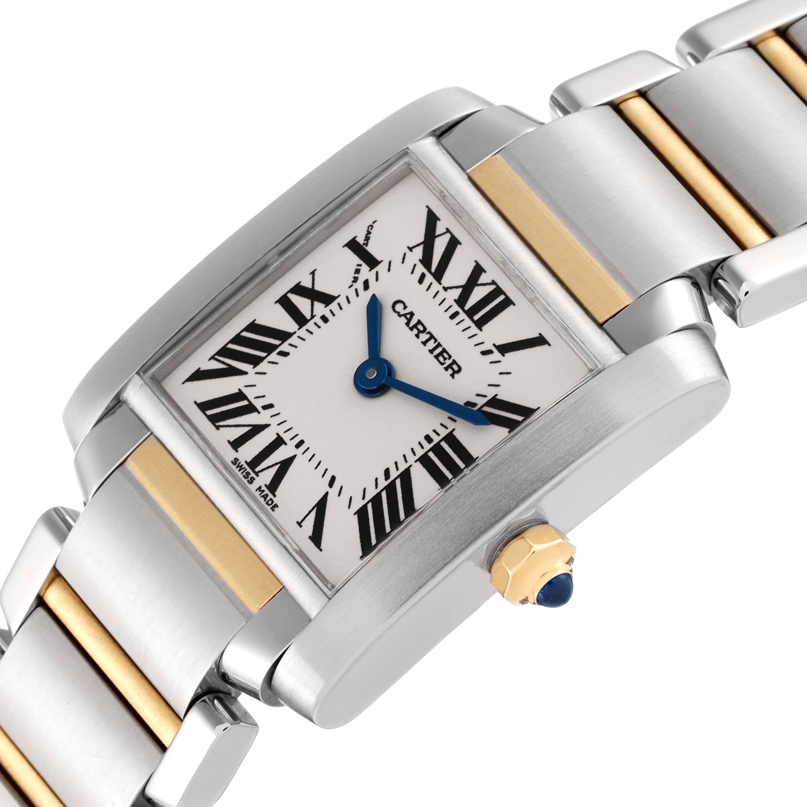 The image shows a close-up of a Cartier Tank Francaise W51007Q4 Women
s Steel and Gold (two tone) Silver Dial W51007Q4 Women
s Steel and Gold (two tone) Silver Dial watch, highlighting the face, band, and crown.