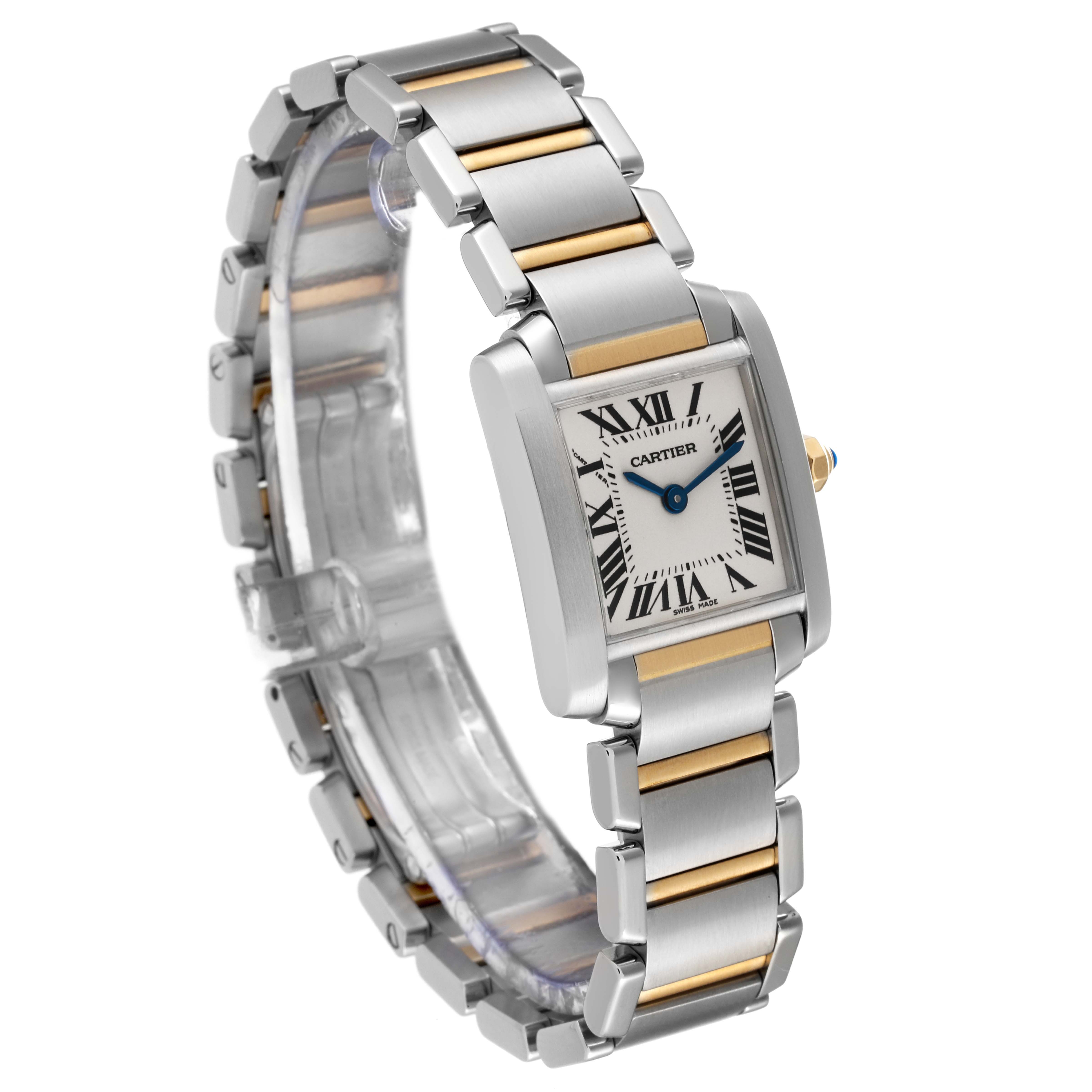 The image shows an angled view of a Cartier Tank Francaise W51007Q4 Women
s Steel and Gold (two tone) Silver Dial W51007Q4 Women
s Steel and Gold (two tone) Silver Dial watch, highlighting the face, bracelet, and two-tone links.