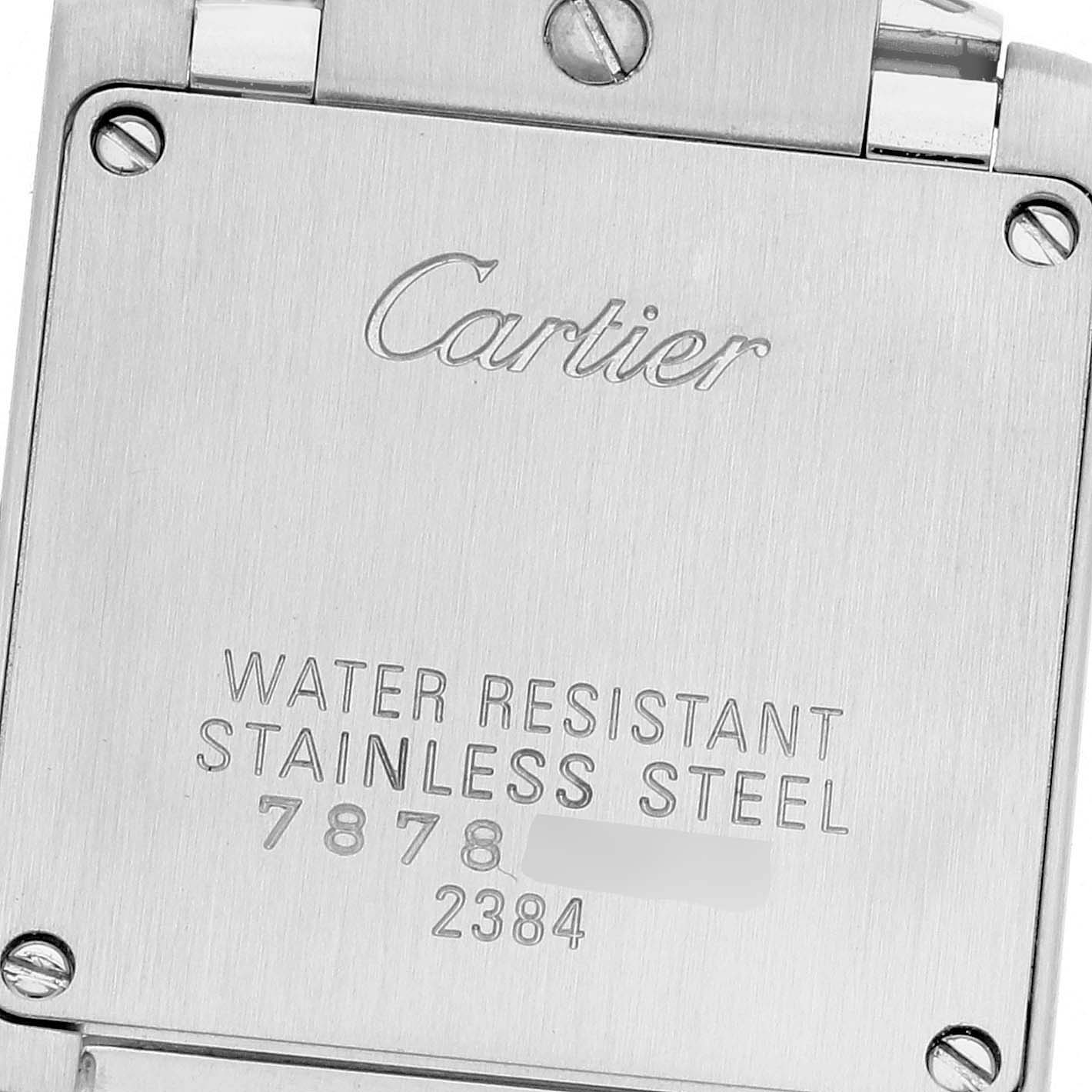 The image shows the back cover of a Cartier Tank Francaise W51007Q4 Women
s Steel and Gold (two tone) Silver Dial W51007Q4 Women
s Steel and Gold (two tone) Silver Dial watch, highlighting the brand name and model information.