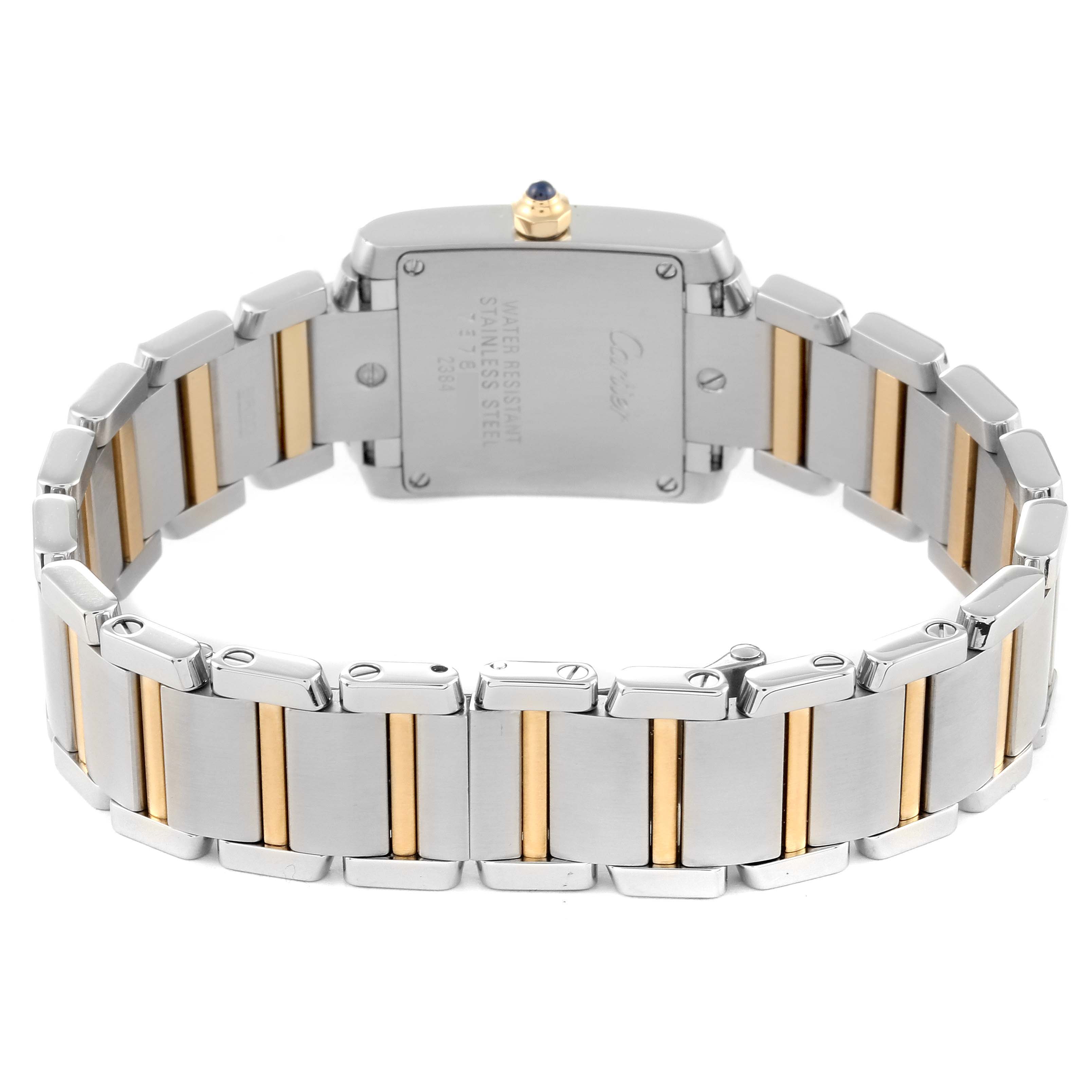 The image shows the back view of a Cartier Tank Francaise W51007Q4 Women
s Steel and Gold (two tone) Silver Dial W51007Q4 Women
s Steel and Gold (two tone) Silver Dial watch, highlighting its stainless steel and gold bracelet and case back.