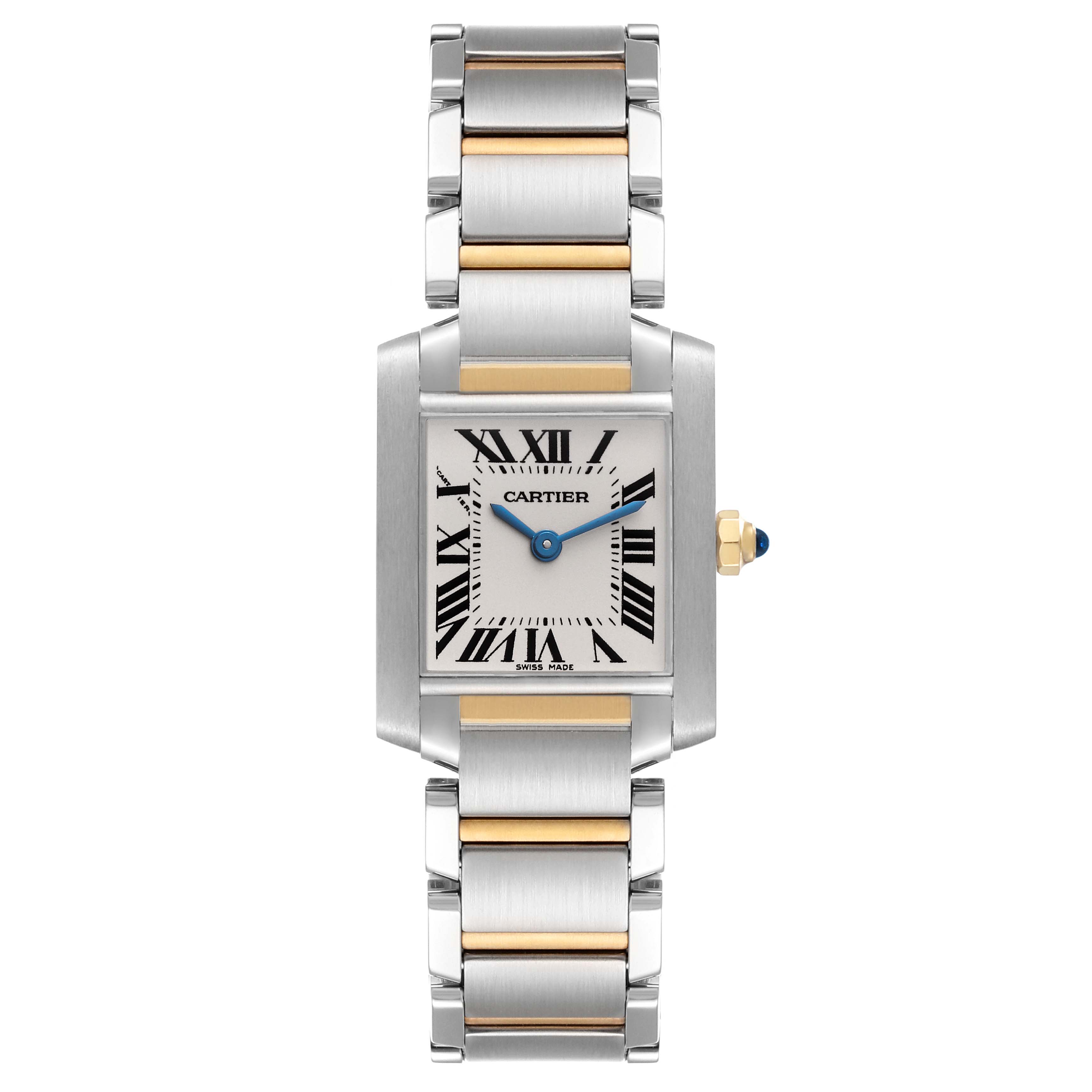 This image shows a full view of the Cartier Tank Française watch, highlighting its stainless steel and gold bracelet and square dial.