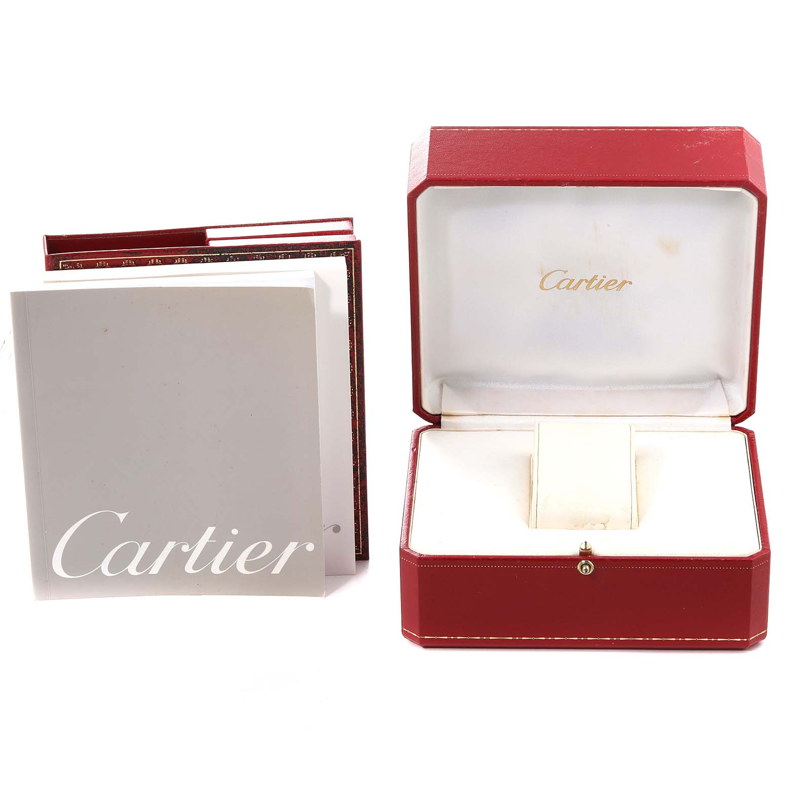 This image shows a Cartier Tank Francaise W51007Q4 Women
s Steel and Gold (two tone) Silver Dial W51007Q4 Women
s Steel and Gold (two tone) Silver Dial watch box and accompanying booklet standing nearby.