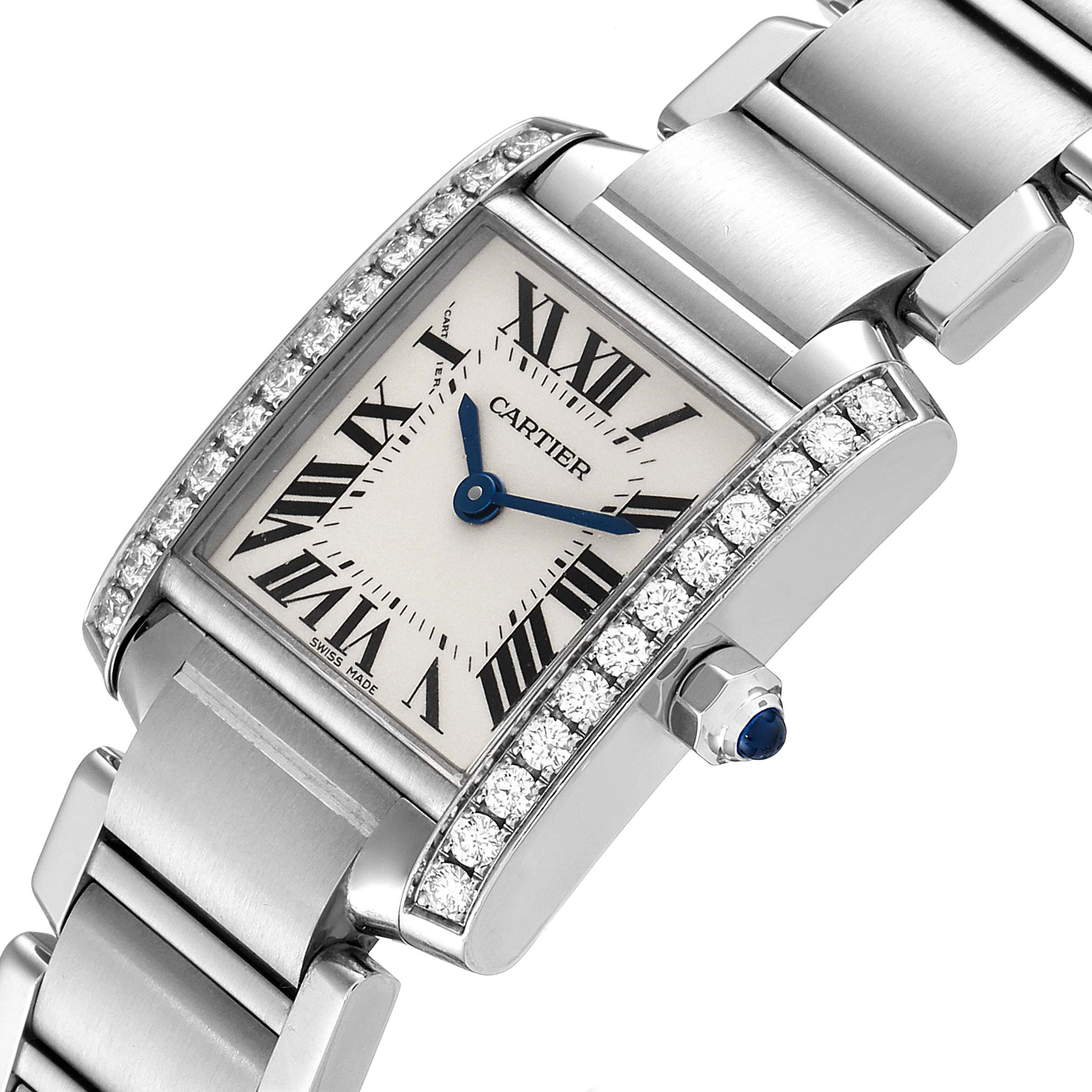 The image shows a close-up angle of the Cartier Tank Française watch face, including the bracelet and the diamond-studded bezel.
