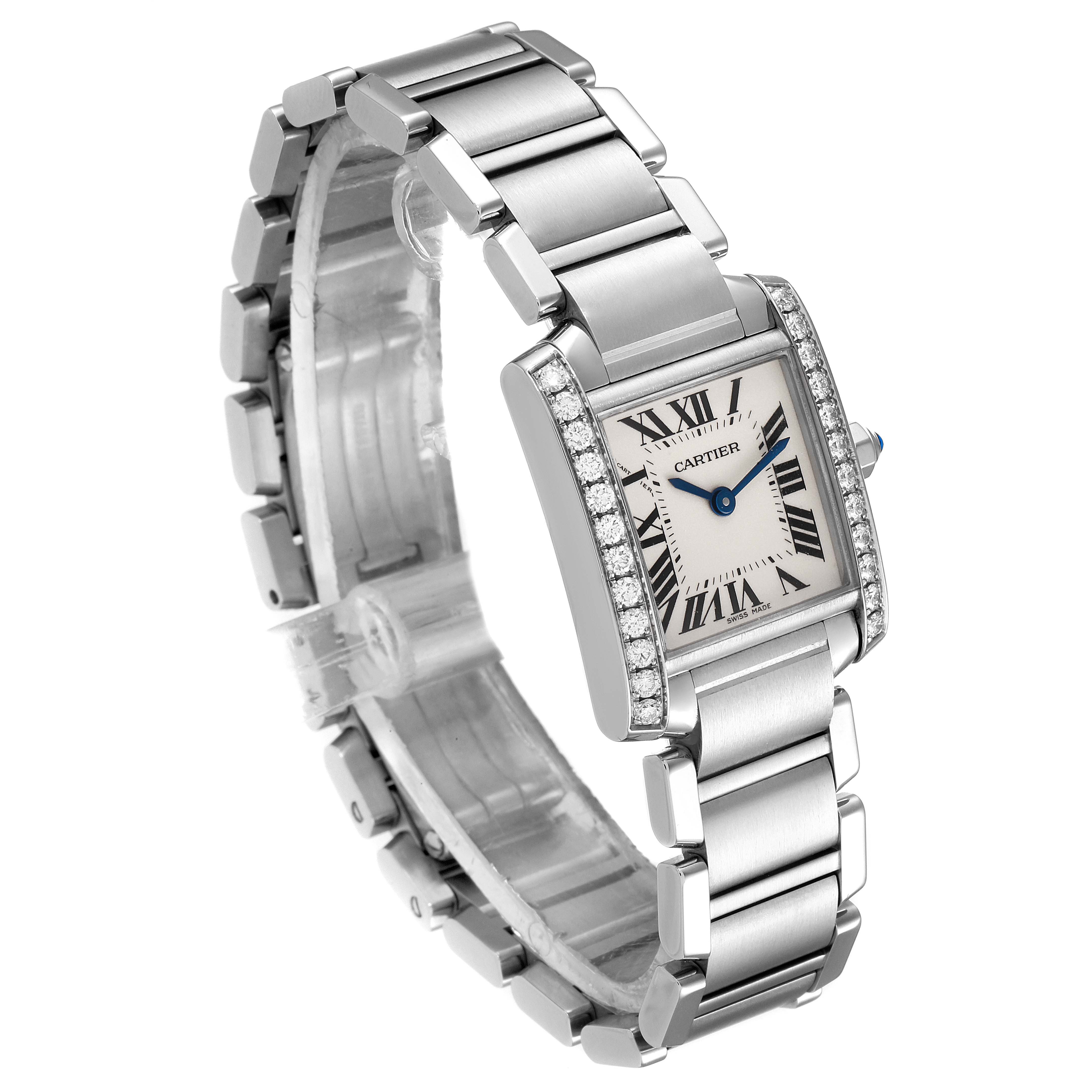 The Cartier Tank Francaise W4TA0008 Women's Stainless Steel Silver Dial W4TA0008 Women's Stainless Steel Silver Dial watch is shown at a three-quarter front angle, highlighting its face, bracelet, and diamond-set bezel.