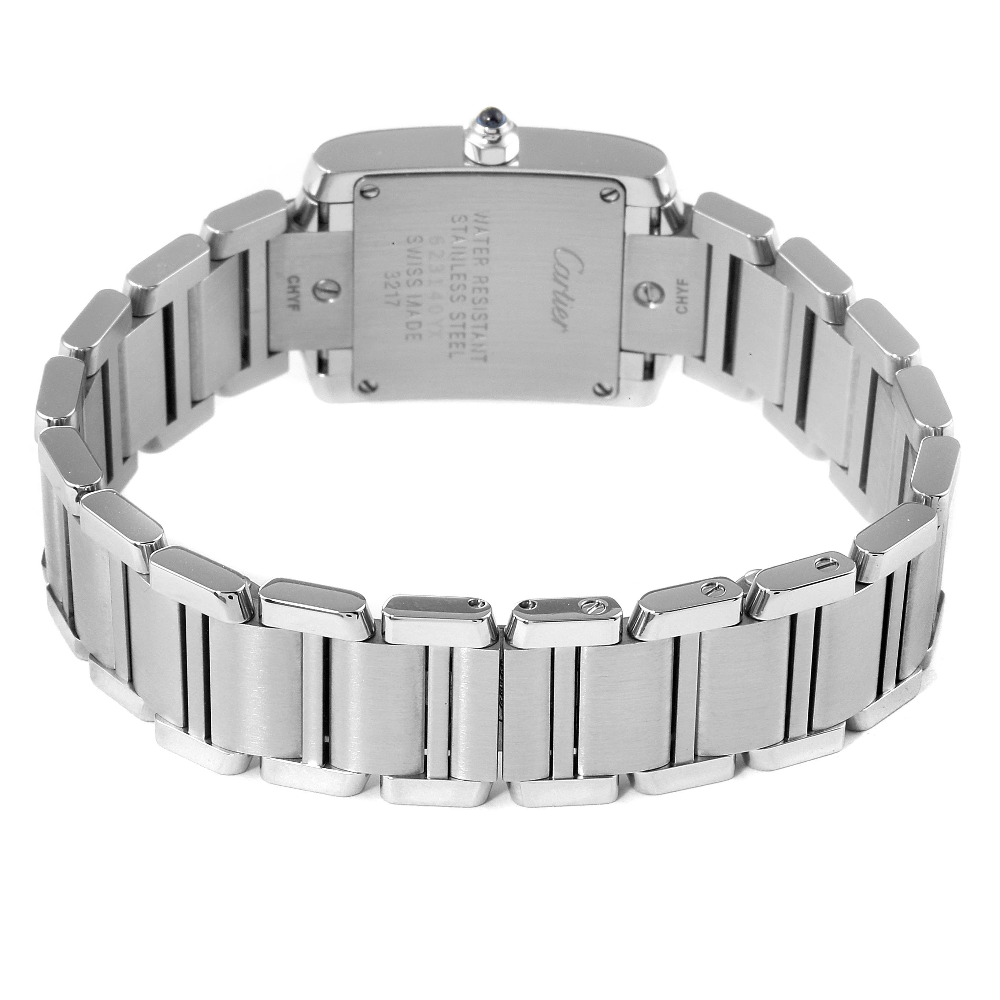 The image shows the back and bracelet of the Cartier Tank Francaise W4TA0008 Women's Stainless Steel Silver Dial W4TA0008 Women's Stainless Steel Silver Dial watch, highlighting its stainless steel construction.