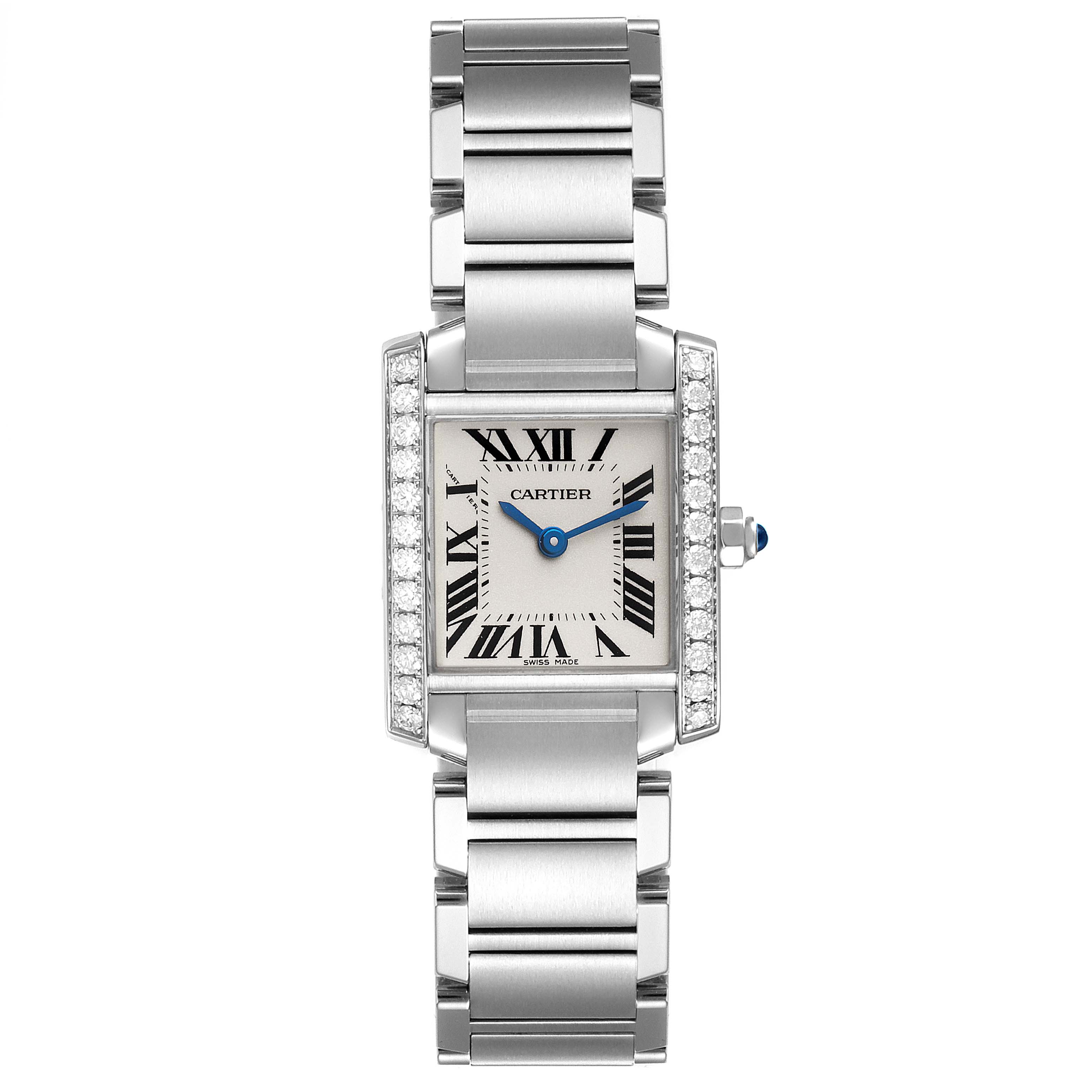 This image shows a front view of the Cartier Tank Francaise W4TA0008 Women's Stainless Steel Silver Dial W4TA0008 Women's Stainless Steel Silver Dial watch, highlighting its face, dial, and bracelet.