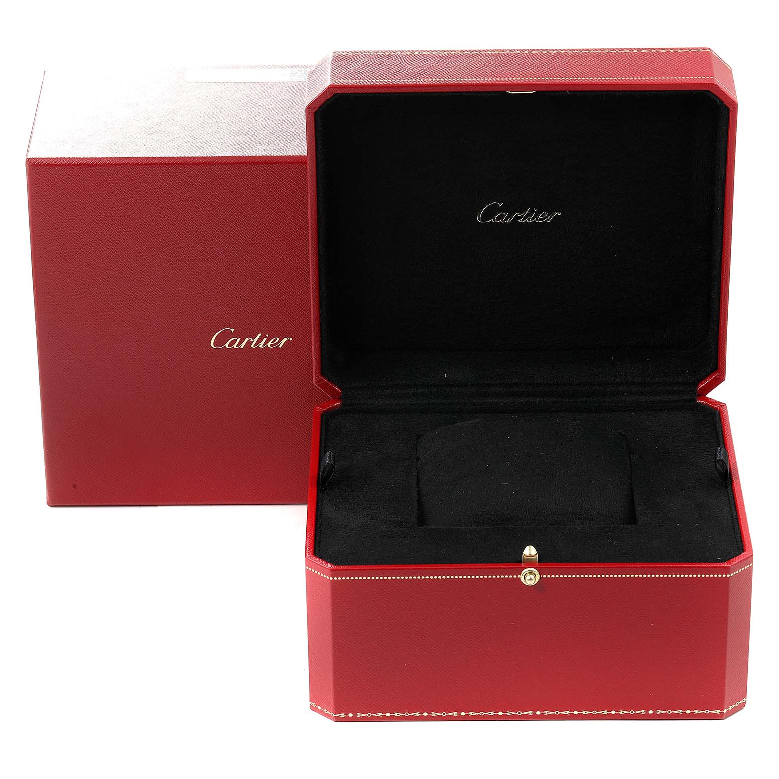 The image shows an open red Cartier box for the Tank Francaise model watch, revealing its black interior.