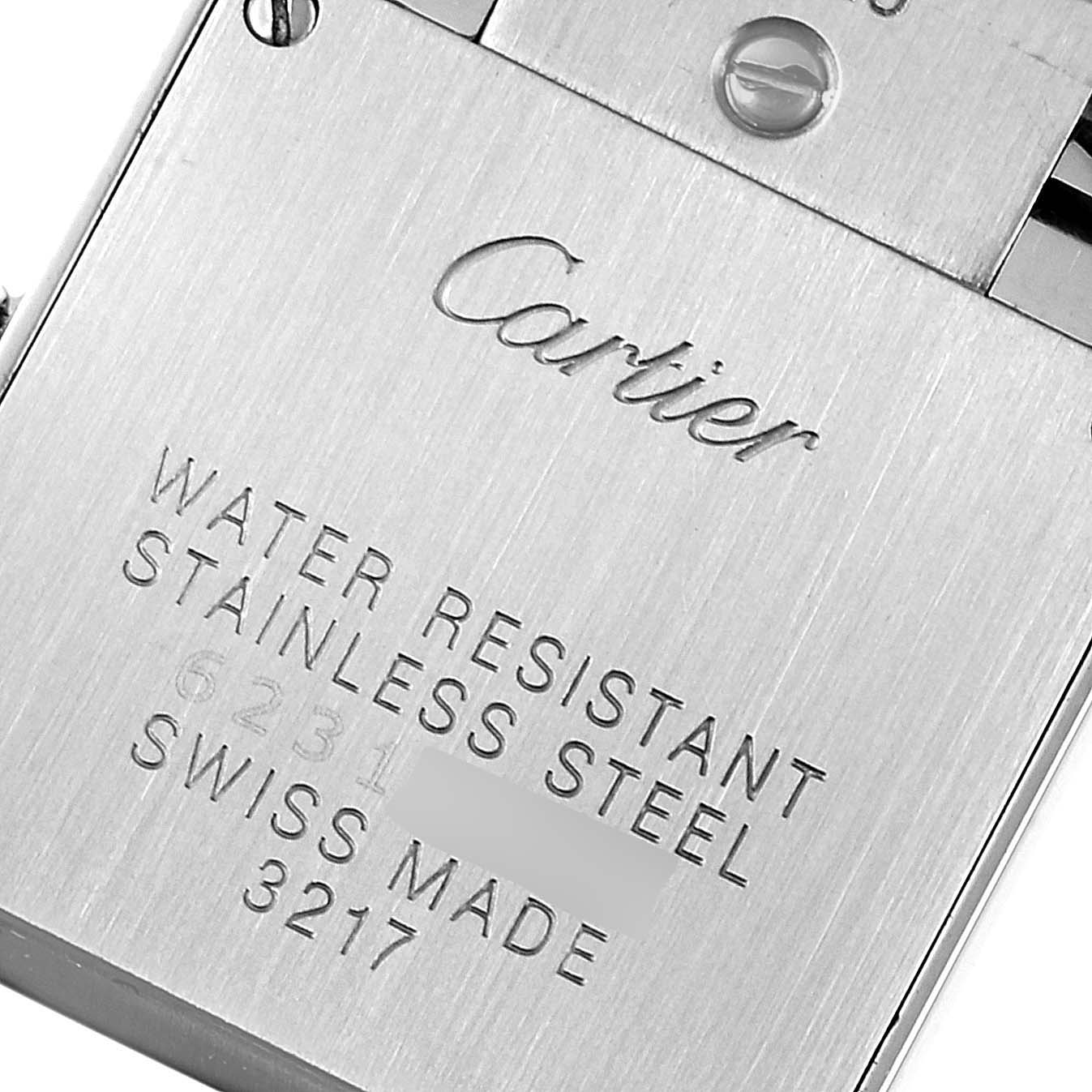 The image shows the engraving on the stainless steel back of a Cartier Tank Francaise W4TA0008 Women's Stainless Steel Silver Dial W4TA0008 Women's Stainless Steel Silver Dial watch, detailing its specifications.