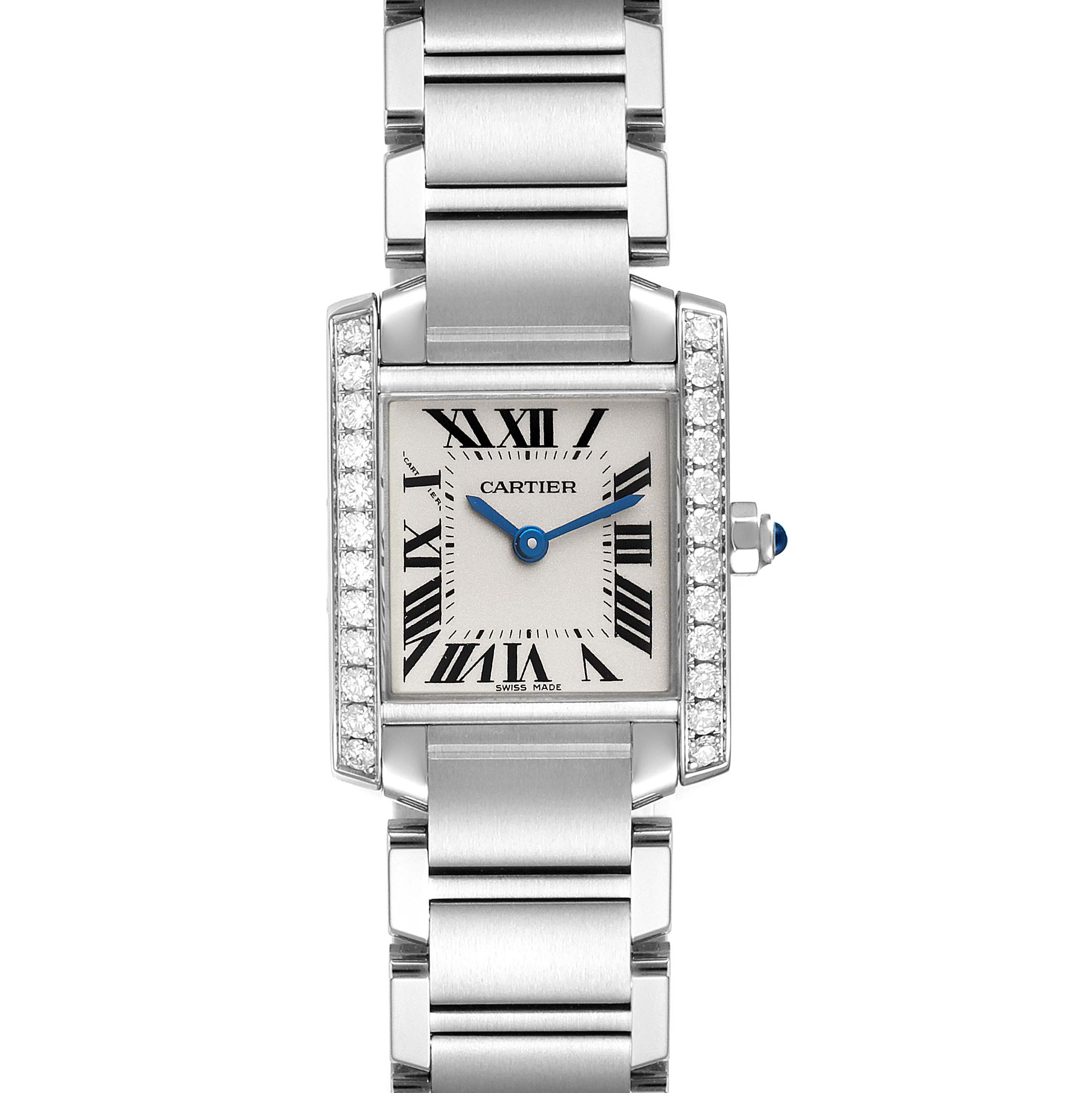 This image shows a frontal view of the Cartier Tank Francaise W4TA0008 Women's Stainless Steel Silver Dial W4TA0008 Women's Stainless Steel Silver Dial watch featuring the dial, bracelet, and diamond bezel.