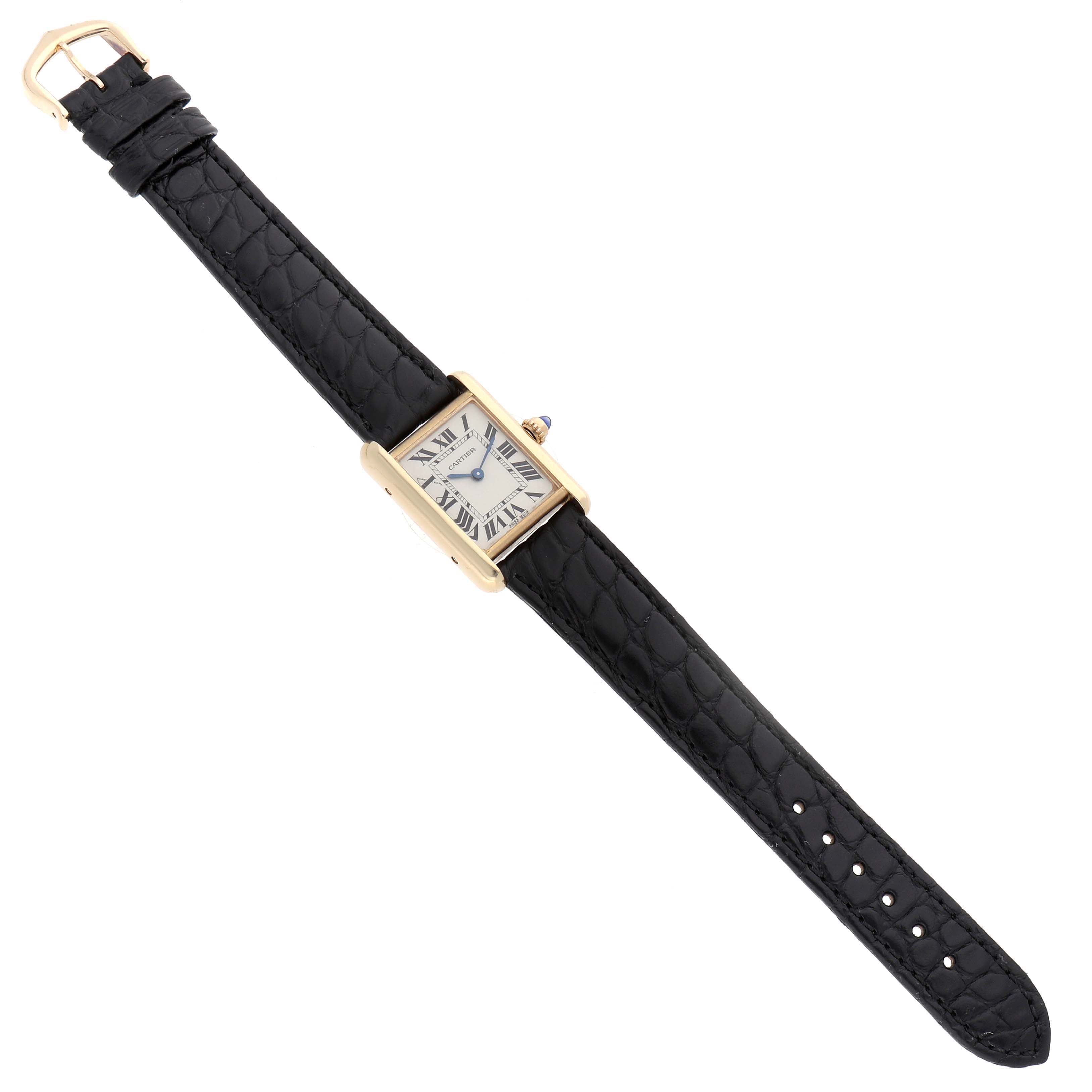 The Cartier Tank Louis W1529856 Women's Yellow Gold Silver Dial watch is shown from a top-down angle, displaying the face, rectangular case, and black leather strap.