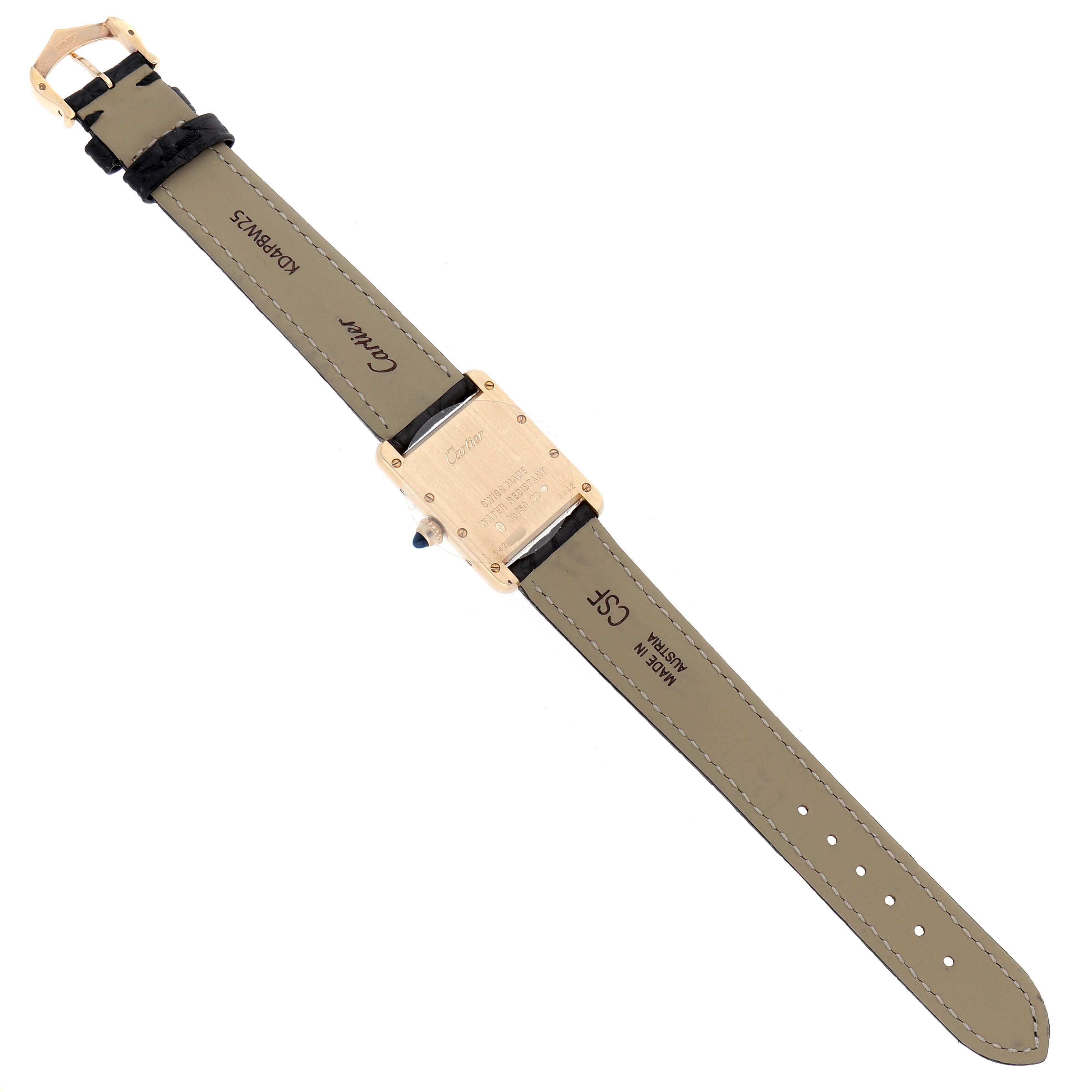 The image shows the back view of the Cartier Tank Louis W1529856 Women's Yellow Gold Silver Dial watch, highlighting the leather strap, buckle, and case back details.