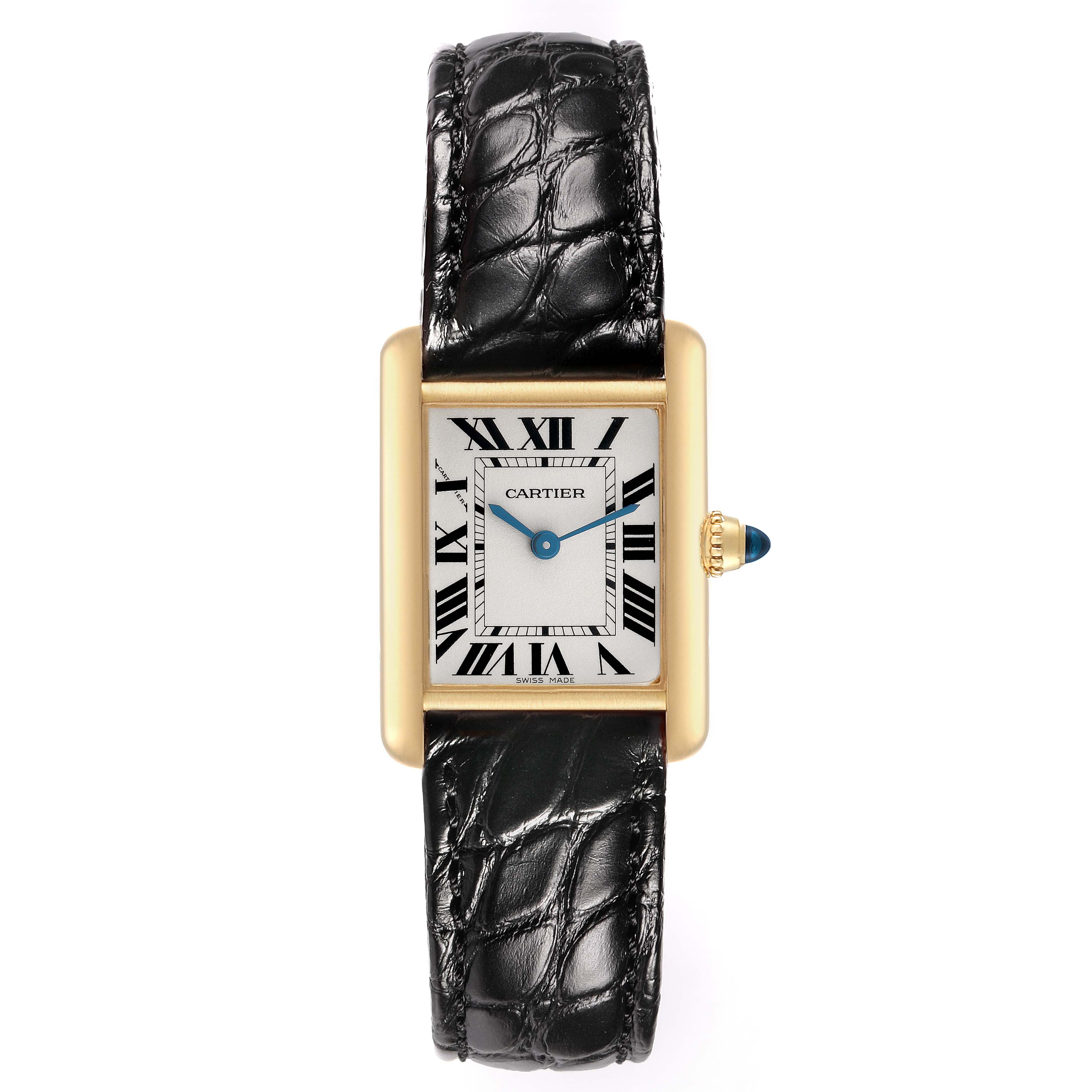 The image shows a Cartier Tank Louis W1529856 Women's Yellow Gold Silver Dial watch from a top-down angle, highlighting the rectangular dial, gold case, and black leather strap.