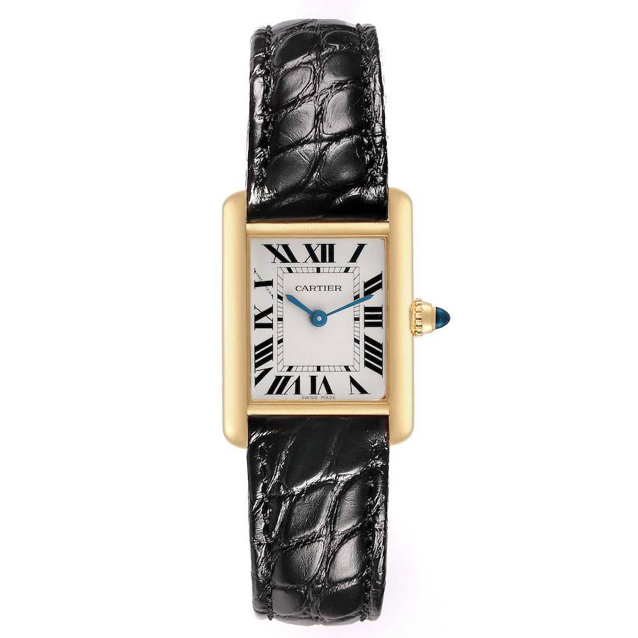 The image shows a Cartier Tank Louis W1529856 Women's Yellow Gold Silver Dial watch from a top-down angle, highlighting the rectangular dial, gold case, and black leather strap.