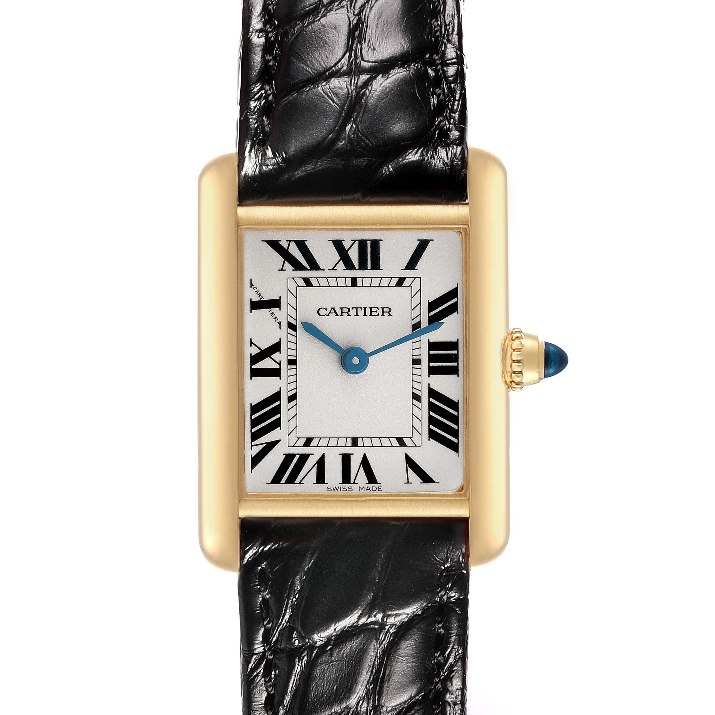The Cartier Tank Louis W1529856 Women's Yellow Gold Silver Dial watch is shown from a top view, displaying its gold rectangular case, Roman numeral dial, and leather strap.