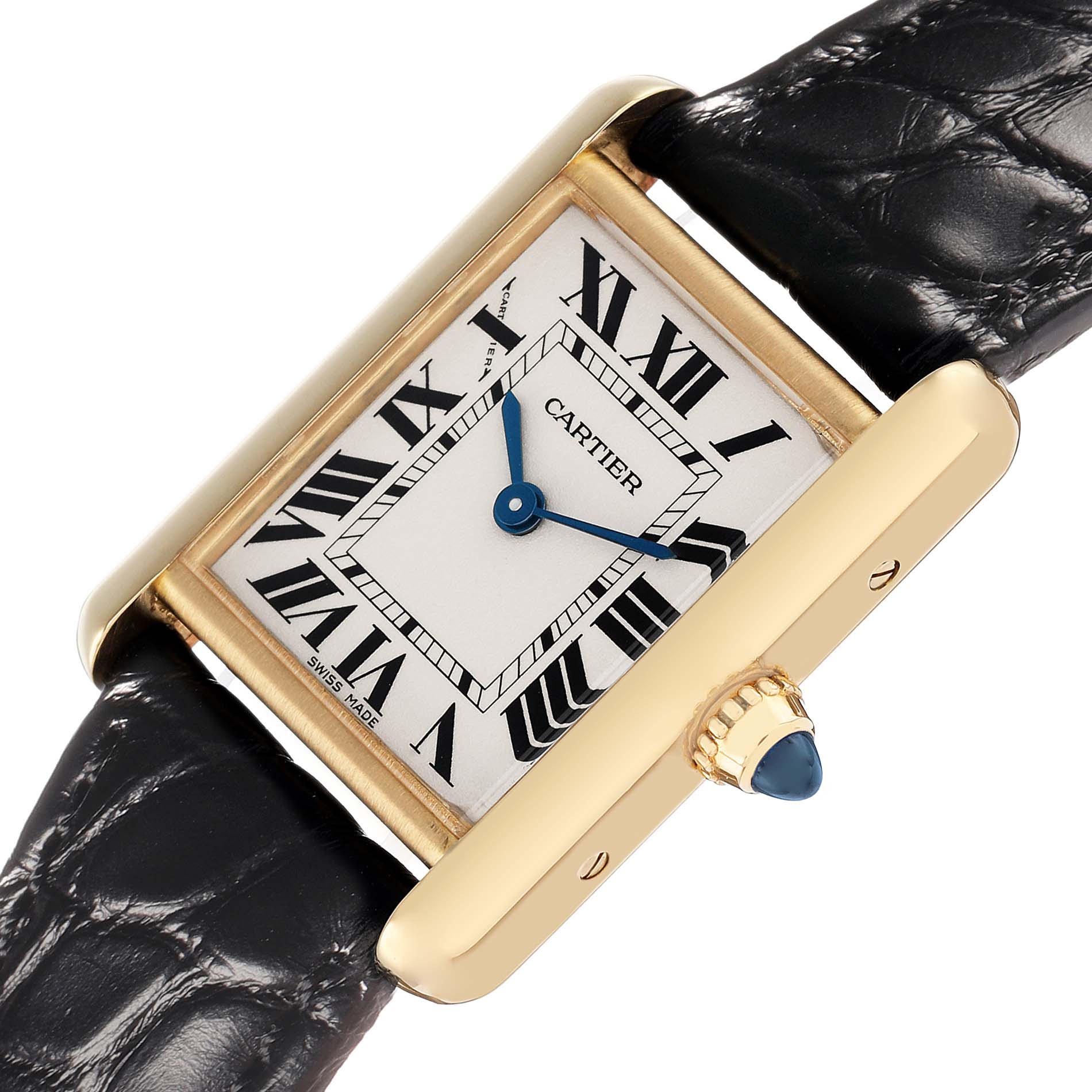 The Cartier Tank Louis W1529856 Women's Yellow Gold Silver Dial watch features a close-up of the face, showing the rectangular dial, Roman numerals, and gold casing from a slightly angled top view.