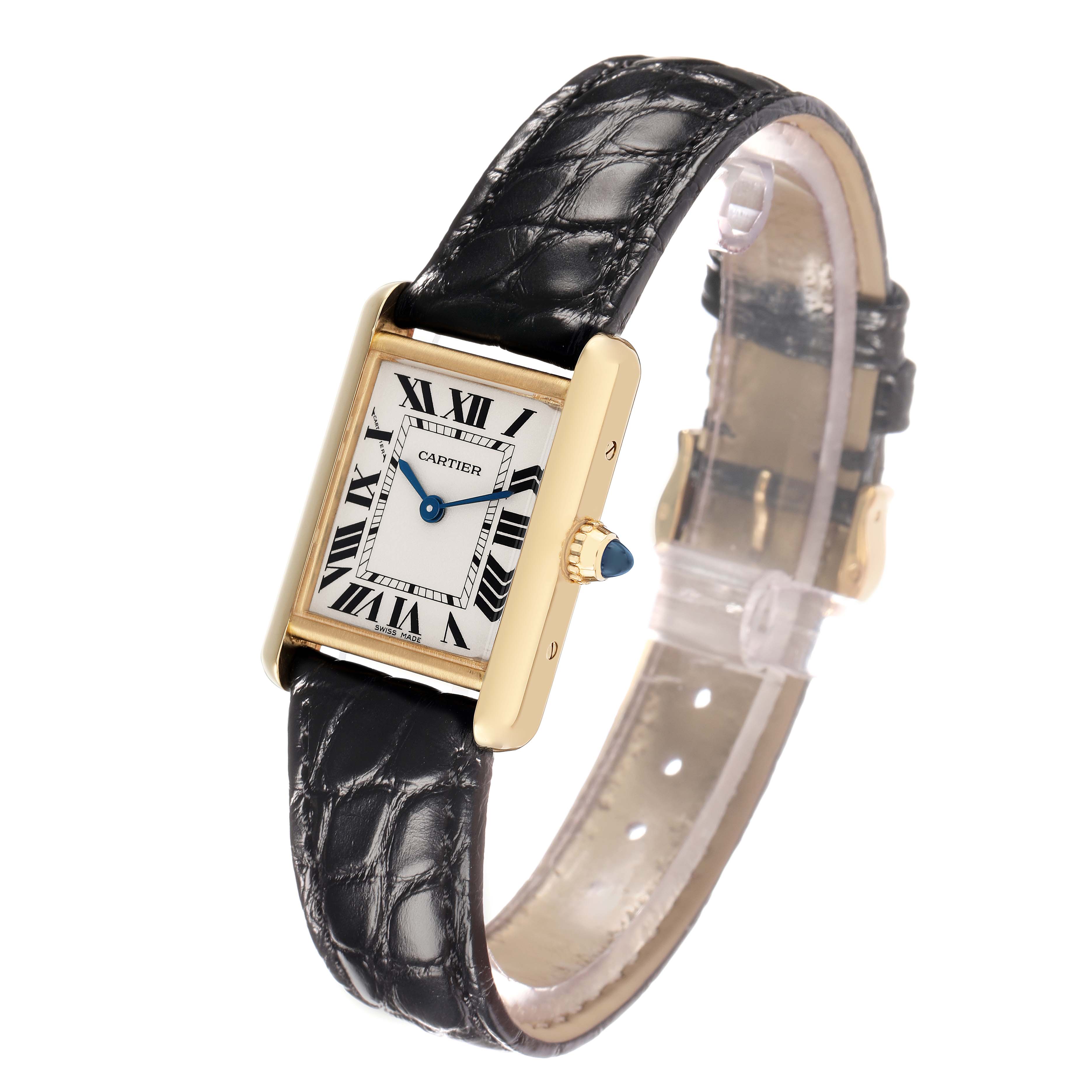 The Cartier Tank Louis W1529856 Women's Yellow Gold Silver Dial watch is shown at a three-quarter angle, displaying its face, gold case, and black leather strap.