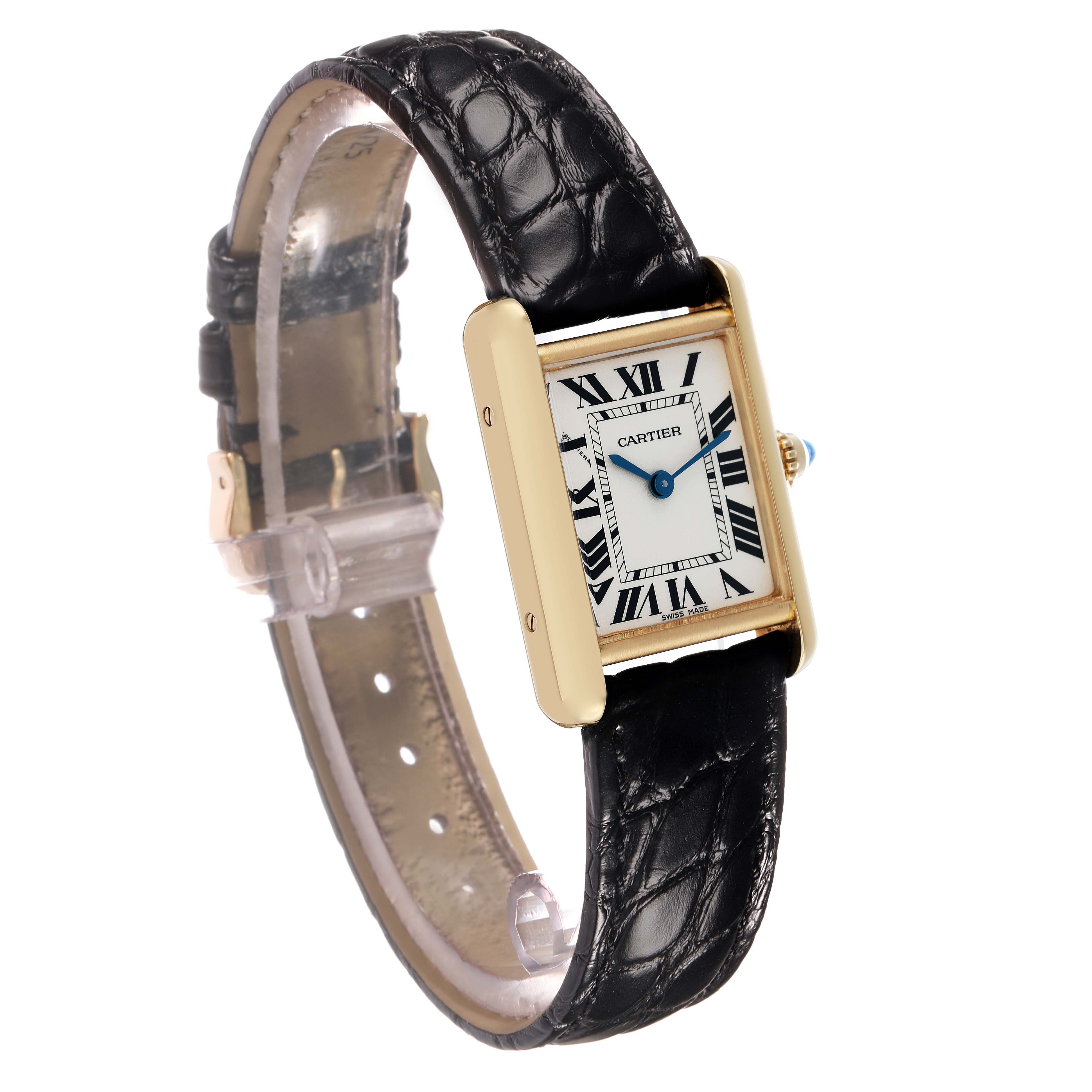 The Cartier Tank Louis W1529856 Women's Yellow Gold Silver Dial watch is shown at a slight angle, highlighting its rectangular face, blue hands, and leather strap.